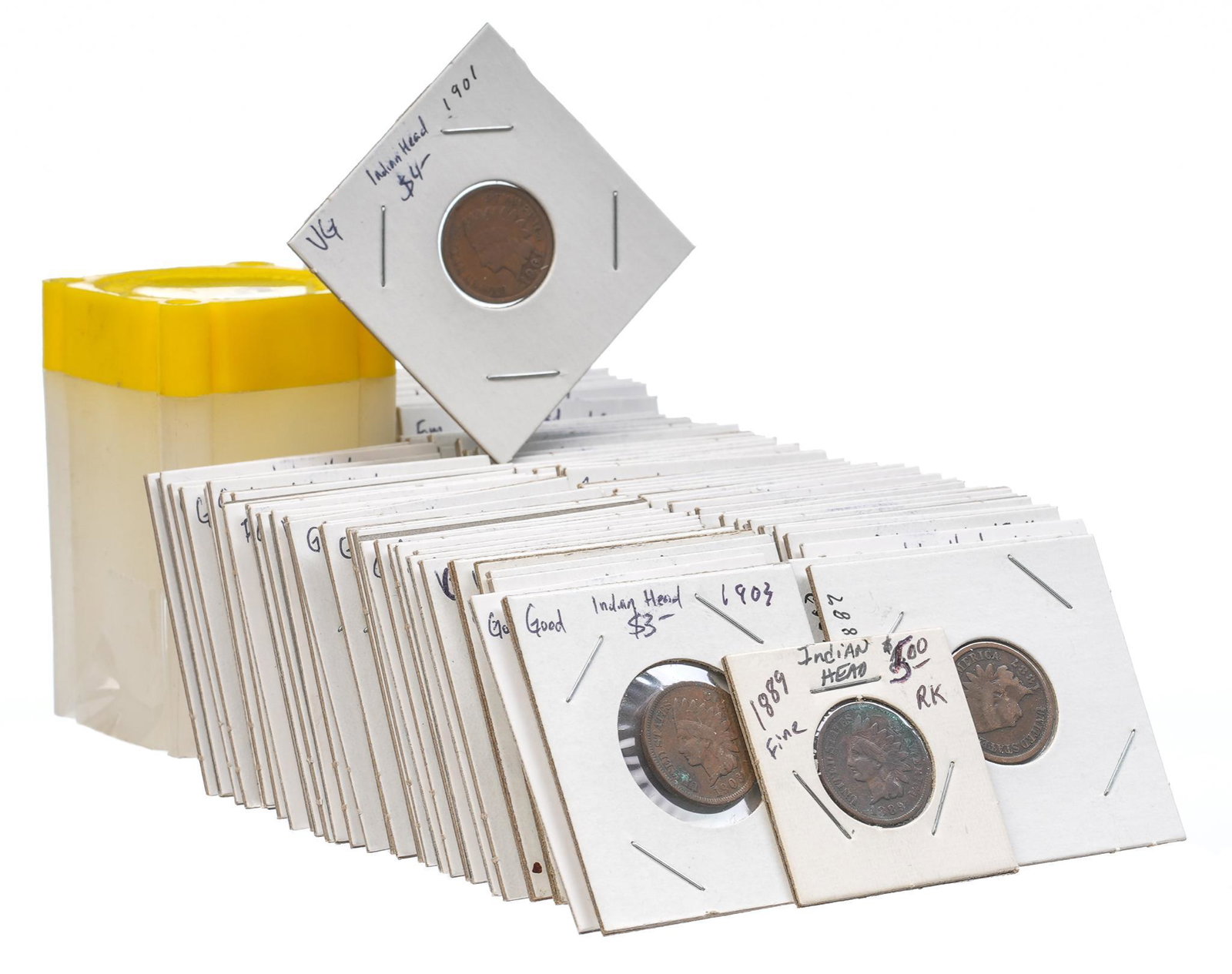 Lot of 97 United States Indian Head Pennies 1879-1908: 97 Indian 1 cent Indian head penny coins Dates between 1879-1908 Grades include AG about good, good, very good, fine, very fine All coins individually stapled in protective 2x2's Provenance: Inventory