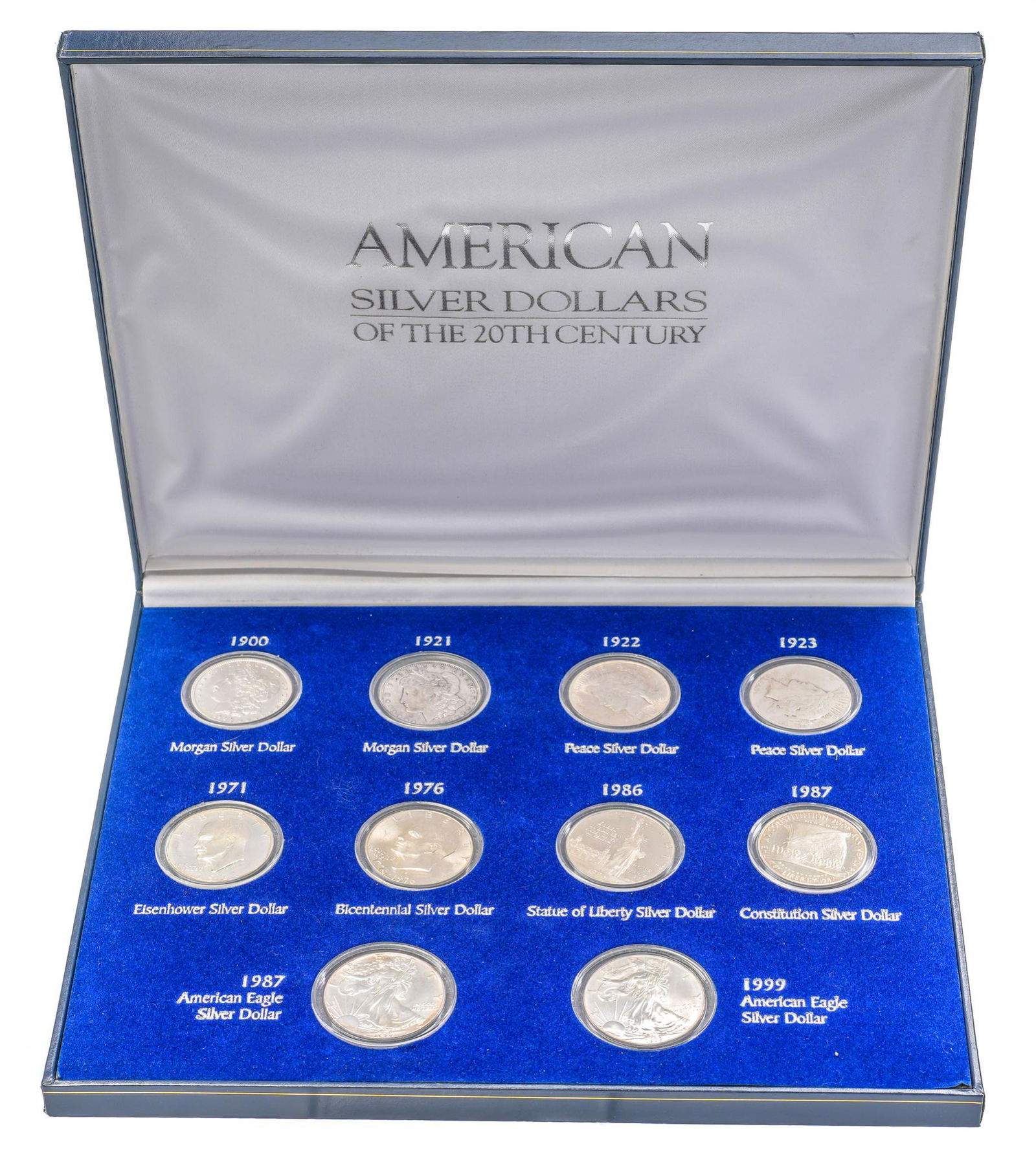 American Silver Dollars of the 20th Century: Includes: -1900 Morgan Silver dollar -1921 D Morgan dollar -1922 Peace dollar -1923 S Peace dollar -1971 S Eisenhower -1976 S Eisenhower bicentennial -1986 S statue of liberty proof -1987 S constituti