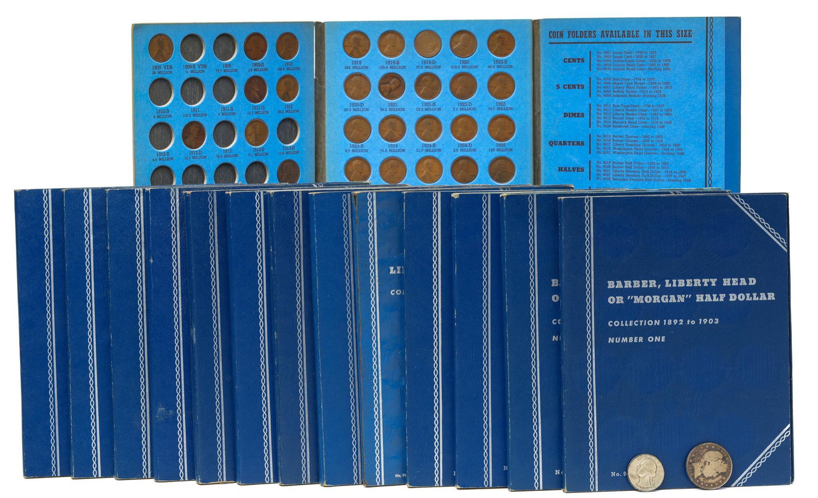Lot of 14 US Coin Collecting Books: Includes: -(144) Lincoln Head 1c Wheat Pennies -(5) Liberty Head Nickels -(19) Barber, Liberty Head or "Morgan" Silver Dimes -(69) Mercury Head Silver Dimes -(9) Roosevelt Silver Dimes -(9) Barber, Li