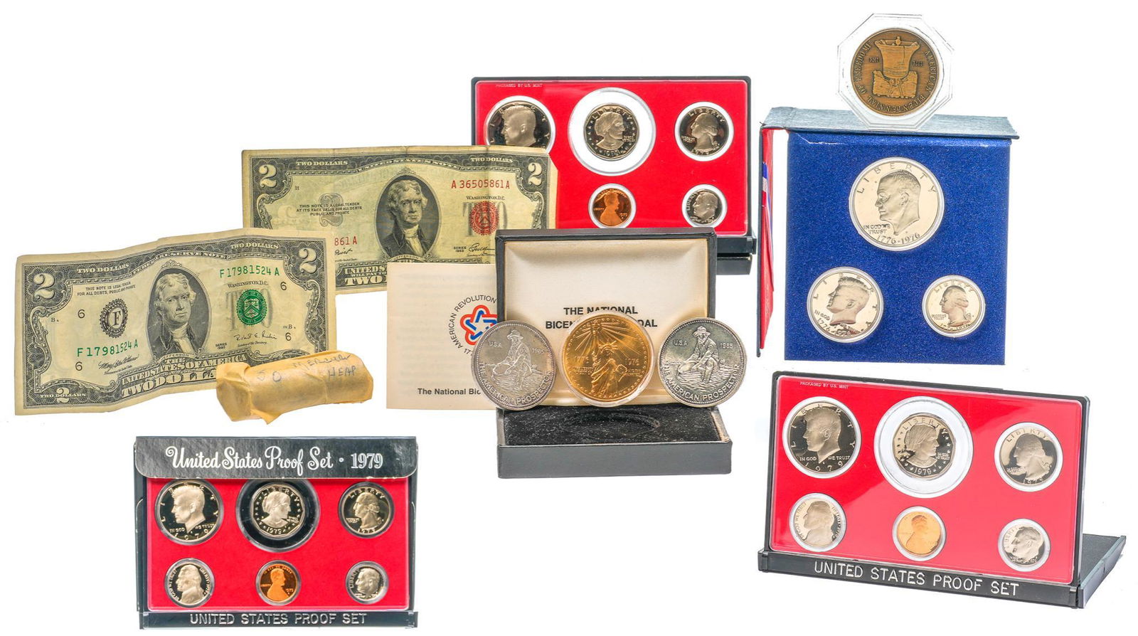 Patriotic American Currency Collection incl. Silver: -Roll Unsearched 90% Silver Mercury Dimes (50 total) -1976 National Bicentennial Statue of Liberty Medal Copper -(3) 1979 United States Proof Coin Sets -1976-S U.S. 40% Silver Proof Set inc. (1) Eisen