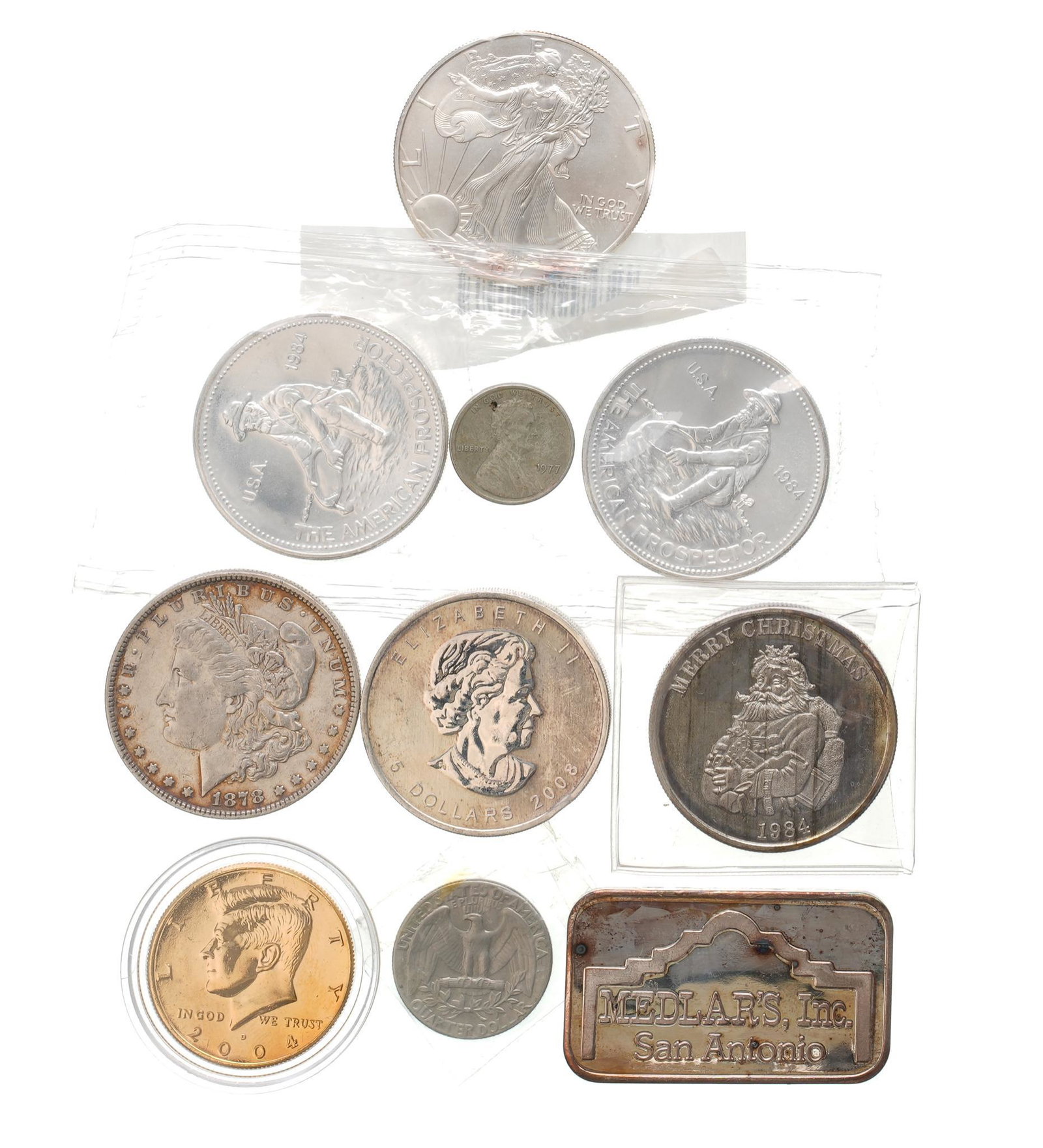 Lot of Silver Coins with 1st Year 1878 Morgan Dollar: Includes: -1878 Morgan Silver Dollar AU (First Year Produced Collectible) -1997 American 1 oz. Silver Eagle -(2) 1984 1 oz American Prospector Silver Englehard Coins -Medlar's San Antonio Alamo 1 oz. 