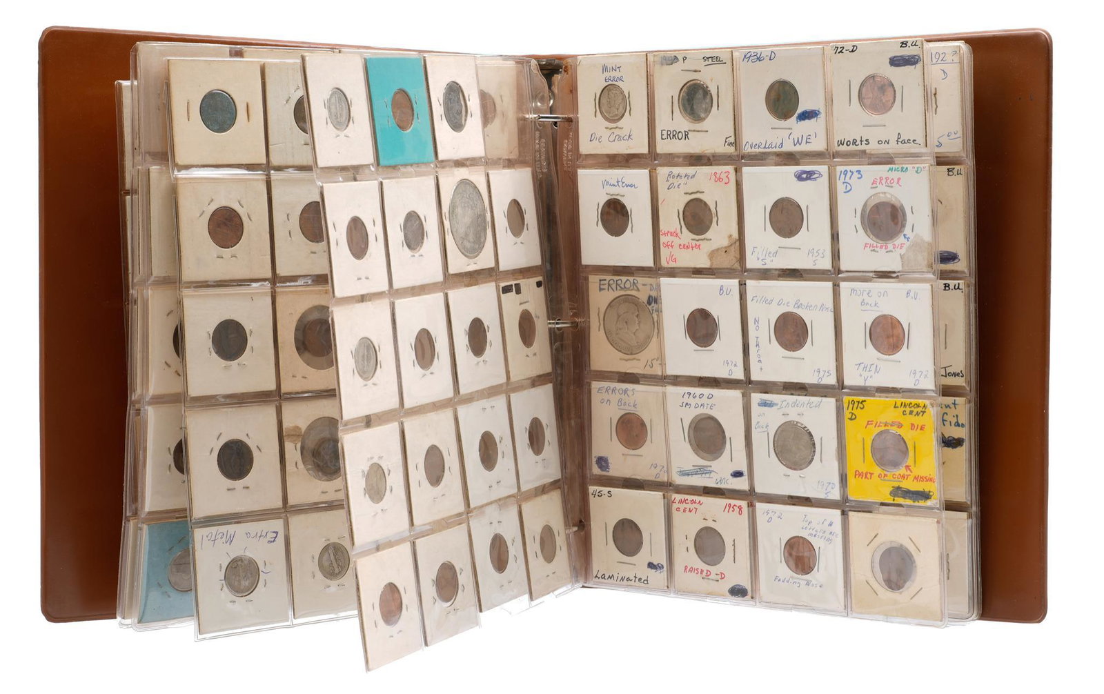 Large Rare Collection of 181 US Coin Errors, Oddities: Includes: 181 U.S. coins -mostly errors, some rare fakes -Lincoln, Jefferson, Mercury, Roosevelt, Morgan, V Nickel, Washington, Franklin, Indian Head, pennies, nickels, dimes, quarters, half dollars, 