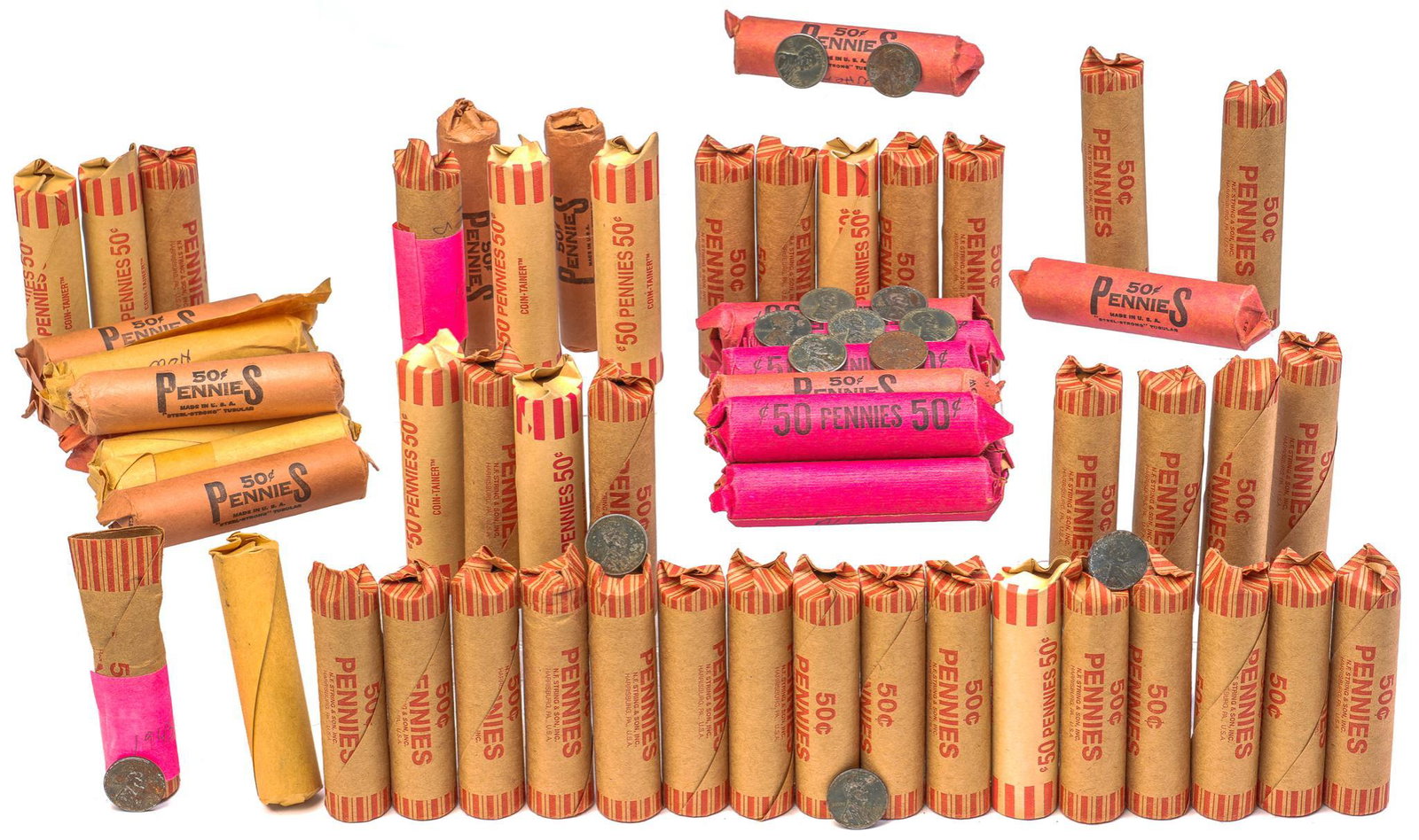 Lot of 63 Rolls of Lincoln 1 cent Wheat Pennies: Includes: -Approx. 3,100 Unsorted, Unsearched Wheat Pennies (62 Rolls) Various Years Mint Marks -1.5 Rolls 1943 Steel Zinc "Wartime" Pennies Provenance: From the Estate of Earl Mayfield (San Antonio, 