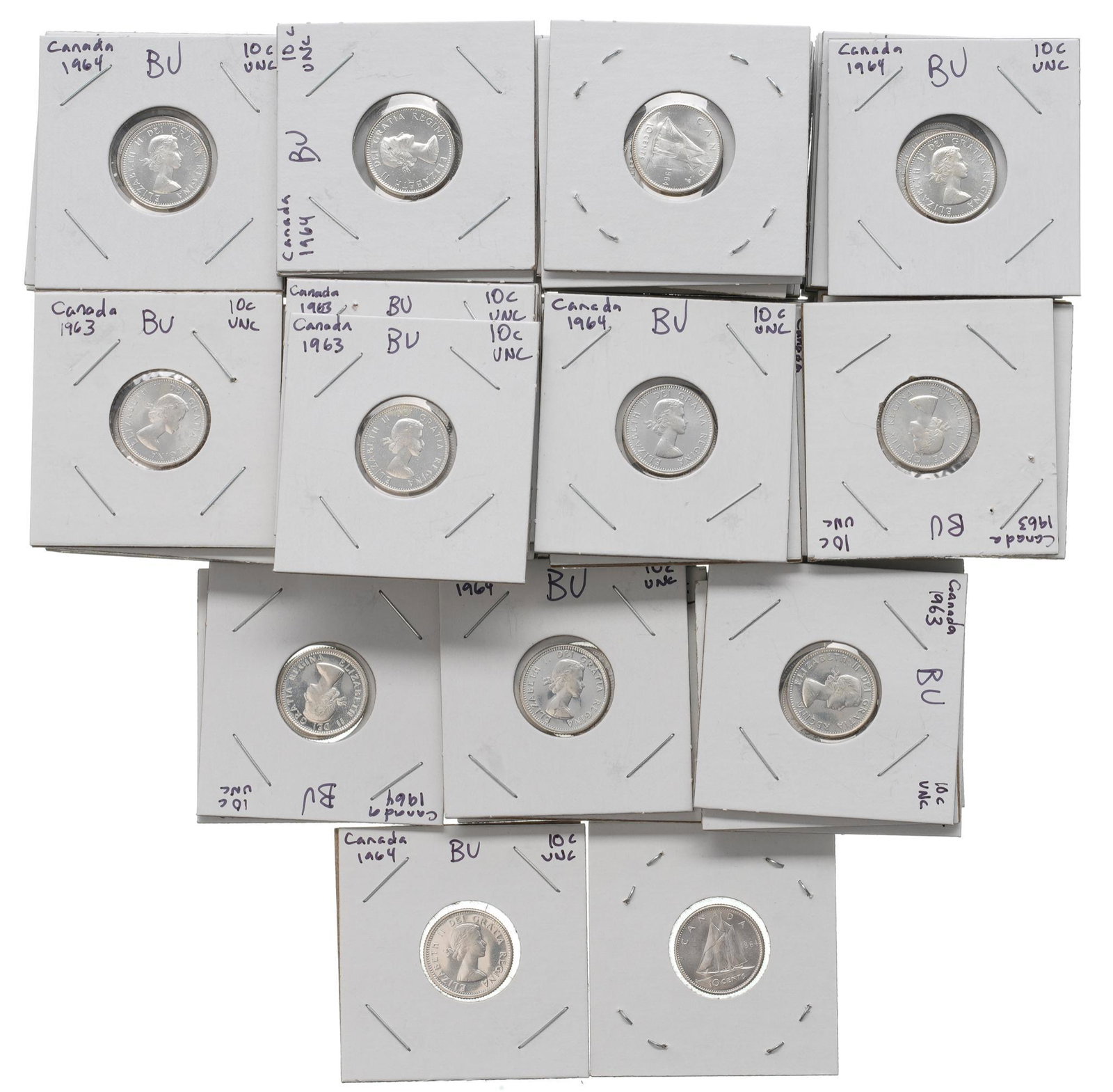 Canadian 0.800 Fine Silver Coin Collection BU: Includes: Canada Dimes KM51 -(30) 1963 BU brilliant uncirculated Canada 10 cent dimes -(40) 1964 BU brilliant uncirculated Canada 10 cent dimes All coins individually stapled in protective 2x2's Prove