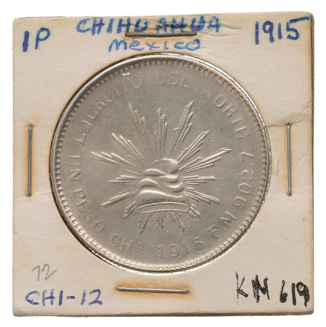 1915 Mexico History Revolutionary 1 Peso Silver Coin: KM 619 Army of the North Chihuahua Hidalgo del Parral issue Obverse: liberty cap and ray Reverse: Mexican eagle Provenance: Inventory from the now closed Cristina's Jewelry (San Antonio, Texas) We wil