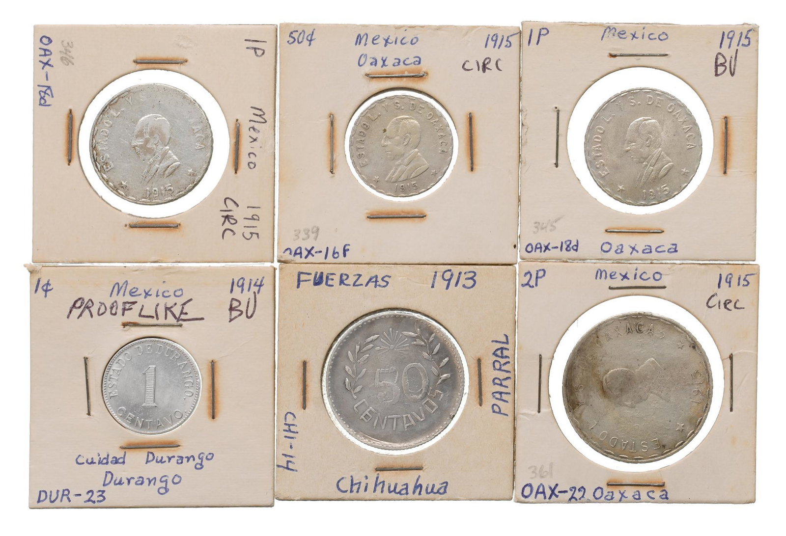 Lot of 6 Mexico Revolutionary Silver Coinage 1913-1915: Includes: -1915 Oaxaca 2 pesos coins KM 745; obverse: bust of Benito Juarez; reverse: liberty cap, crossed swords, scale of justice -1913 Chihuahua 50 centavos coin KM 608 Constitutional Forces; obver