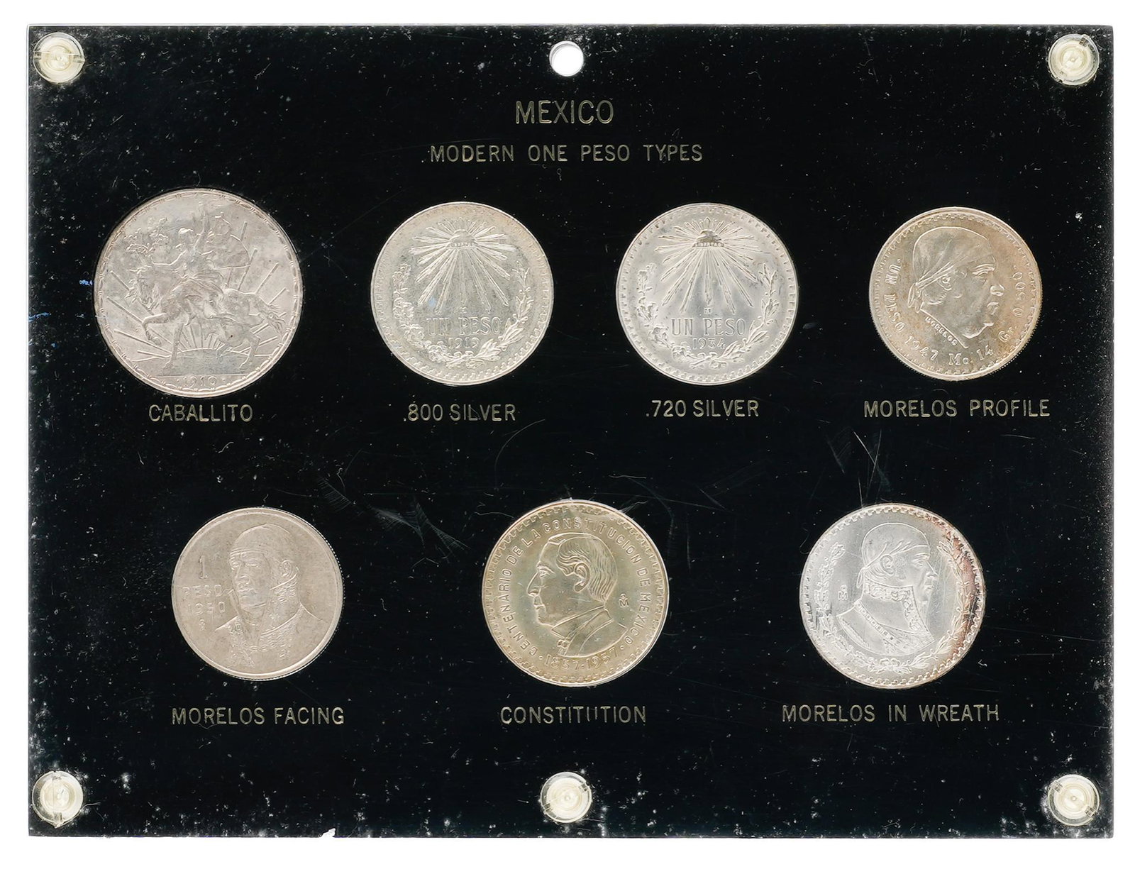 Set of 7 Mexico Silver Modern One Peso Type Coins: Includes: Rare low mintage Mexican peso coinage -1910 KM 453 Caballito -1919 KM 454 -1934 KM 455 -1947 KM 456 Jose Morelos profile -1950 KM 457 Jose Morelos facing -1957 KM 458 100th Anniversary Const
