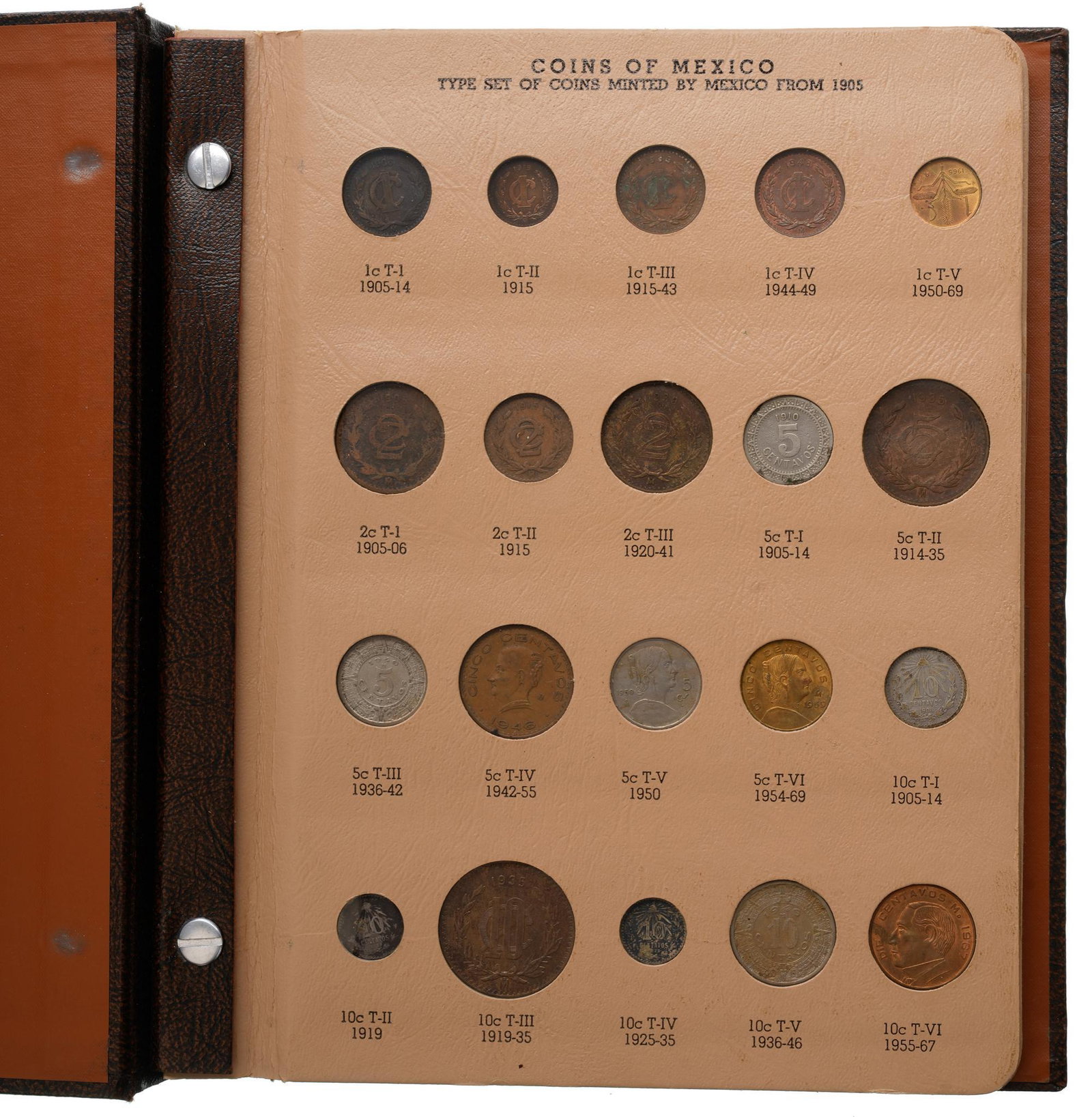Lot of 48 20th Century Mexico History Silver Coinage: Includes: Mexico Type Set 'Dansco' brown coin book album with 48 total coins; dates range from 1906 - 1978 -some silver coins; 1921 silver Victory dos pesos KM 462 AU +; some coins uncirculated Condit