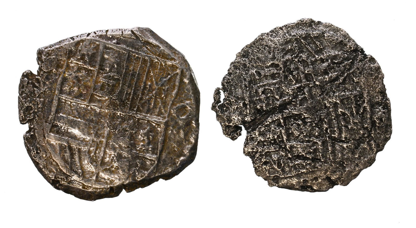 Pair of Atocha 8 Reales Silver Shipwreck Coins: Pair of Spanish 8 Reales Silver Coins authenticated by "Mel Fisher's Treasures" Nuestra Senora De Atocha Salvage Shipwreck 1622 (Next Year Marks 400th Anniversary) Includes original certificate of aut