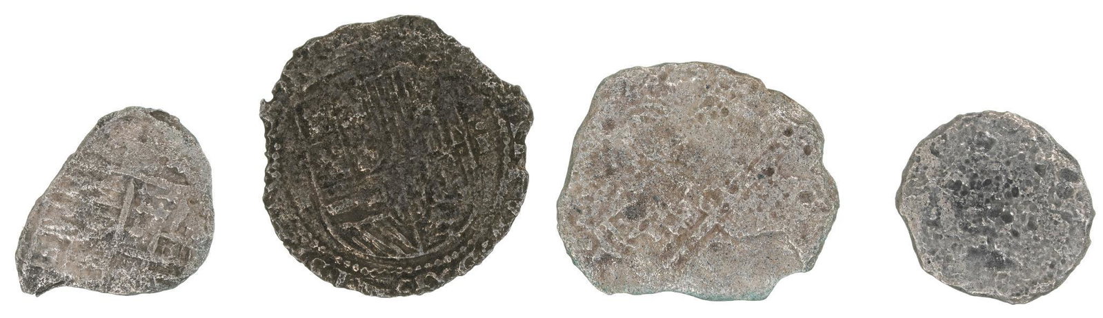 Lot of Atocha 4 and 2 Reales Silver Shipwreck Coins: Lot of 4 coins includes 2 Spanish 4 Reales, 2 Spanish 2 Reales, authenticated by "Mel Fisher's Treasures" Nuestra Senora De Atocha Salvage Shipwreck 1622 (Next Year Marks 400th Anniversary) Includes o