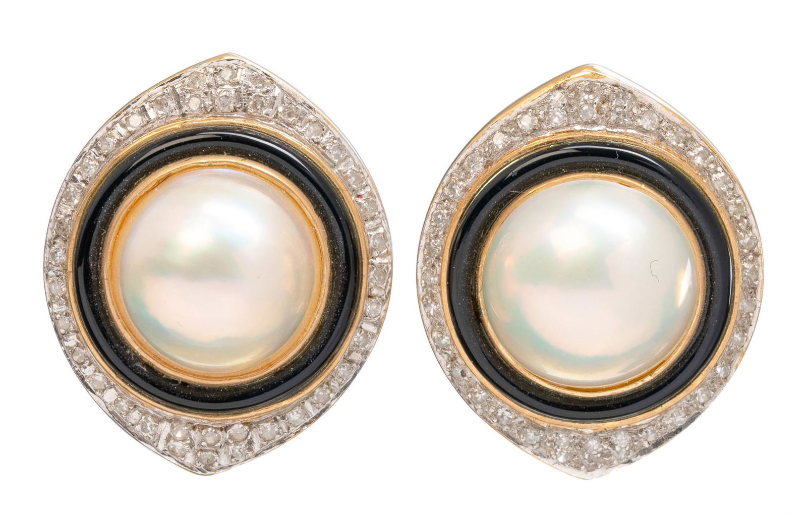 Mid Century Diamond Mabe Pearl Onyx 14k Gold Earrings (1 of 3)