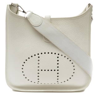 Hermes Evelyne PM Shoulder Bag: Hermes Evelyne PM shoulder bag, Ivory Fjord calf leather, Ivory leather handles, gold tone hardware, includes dustbag, strap, box, marked: Stamp I in square (2005) Condition A - excellent condition,