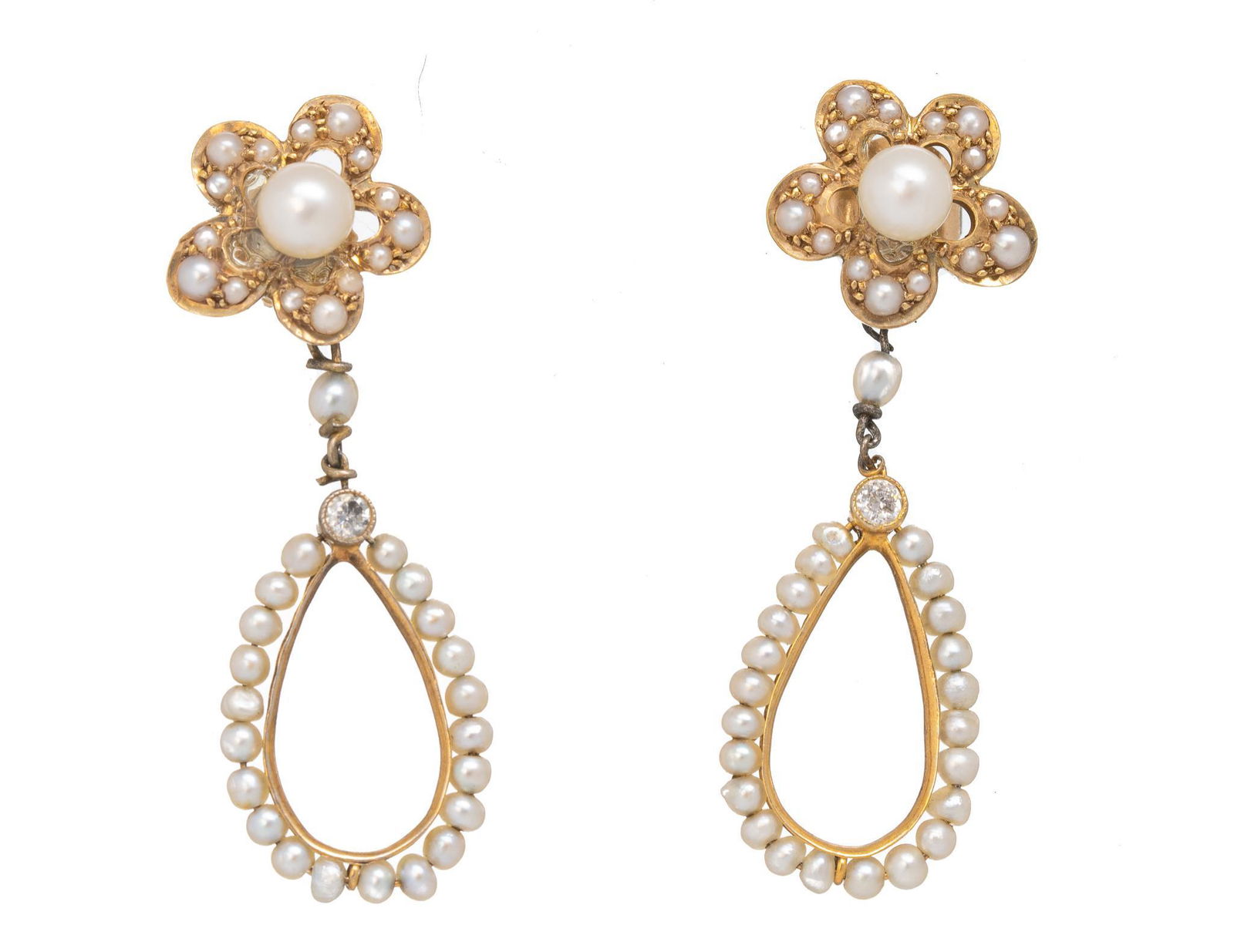 Victorian Diamond Seed Pearl 14k Gold Drop Earrings (1 of 3)