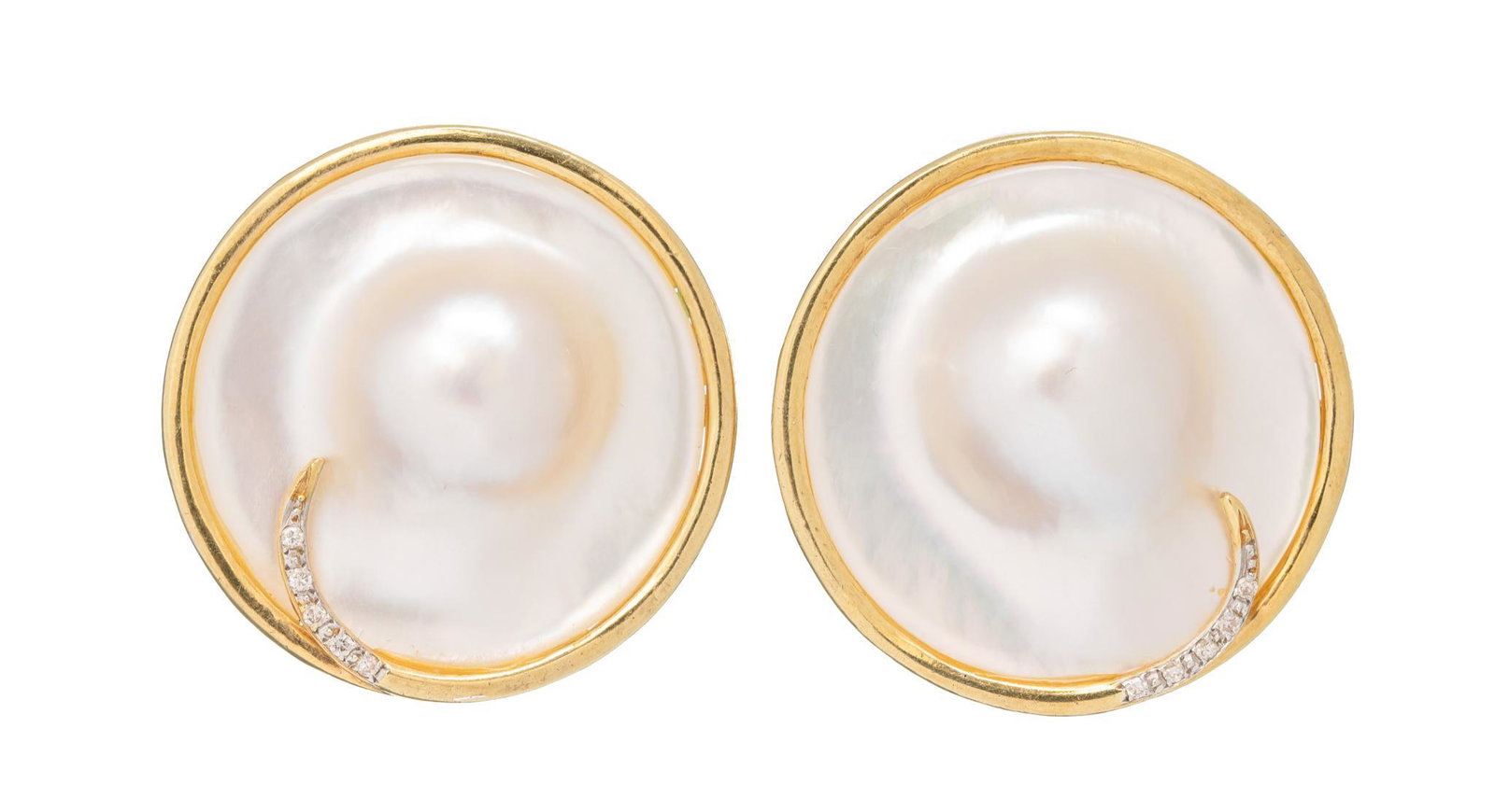 Mabe Pearl Diamond 14k Gold French Clip Earrings: Pierced French clip earrings 1 1/2" diameter Total weight: 25.3 grams Provenance: The Estate of Barbara "Babs" Baugh (San Antonio, Texas) *All diamond or stone details including but not li