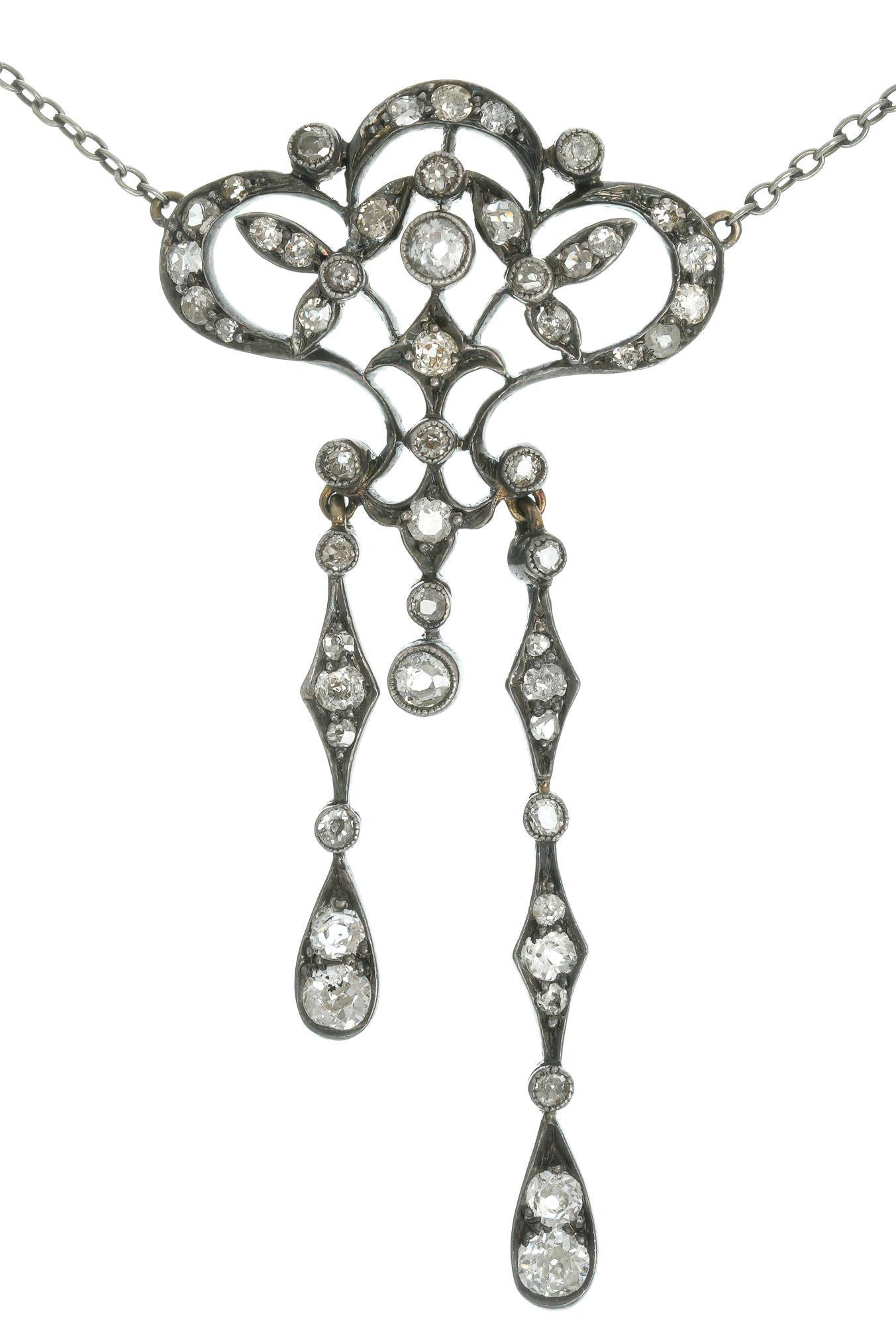 Art Nouveau Rose Diamond 14k Gold Lavalier Necklace (1 of 3)