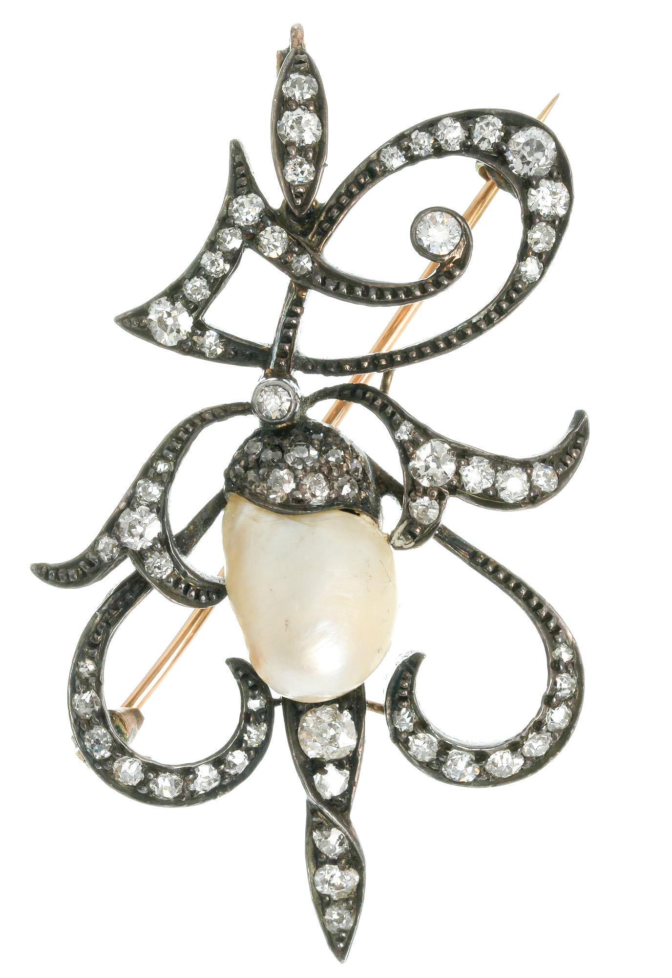 Antique 2ctw Rose Cut Diamond Pearl 14k Gold Pendant: Victorian scrollwork brooch 67 rose cut diamonds, approx. 2ctw Color average: approx. G-I Clarity average: approx. SI1-SI2 Natural Baroque pearl: 9 x 12mm 14K gold and silver Length: 2" (including