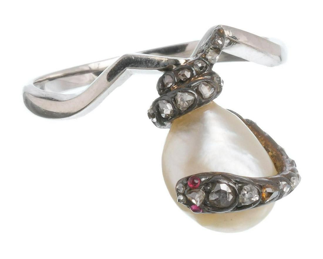 Antique Serpent Rose Diamond Pearl Platinum Ring (1 of 6)