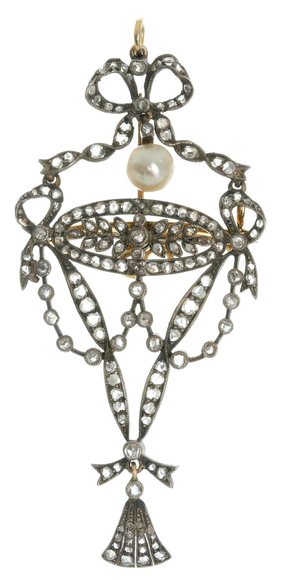 Victorian 2ctw Diamond Pearl 14k Gold Pendant Brooch (1 of 2)