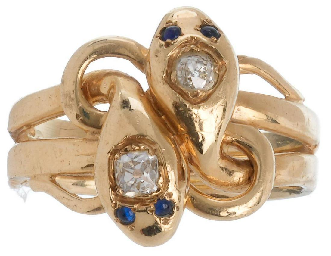 Antique Serpent Rose Diamond Sapphire 14k Gold Ring (1 of 4)