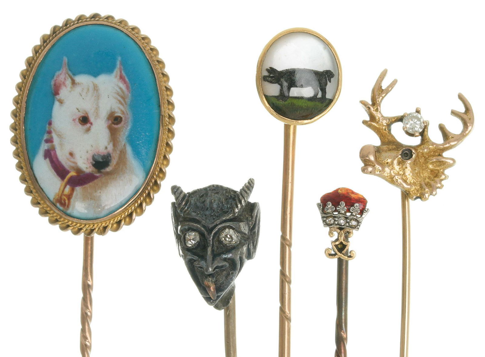 Victorian Enamel Dog Essex Crystal 14k Gold Stick Pins (1 of 8)