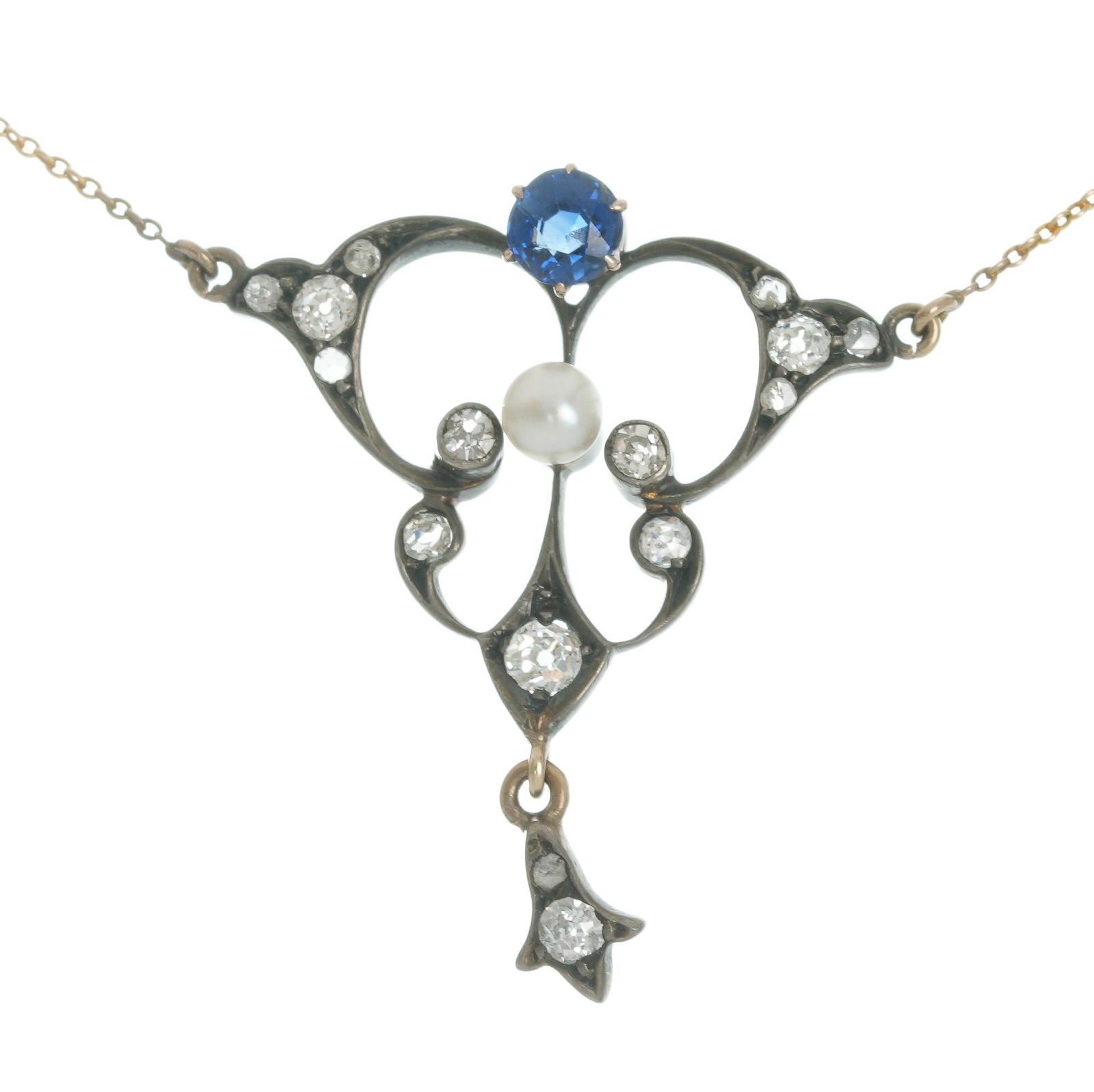Art Nouveau Sapphire Diamond 14k Gold Lavalier Necklace (1 of 4)