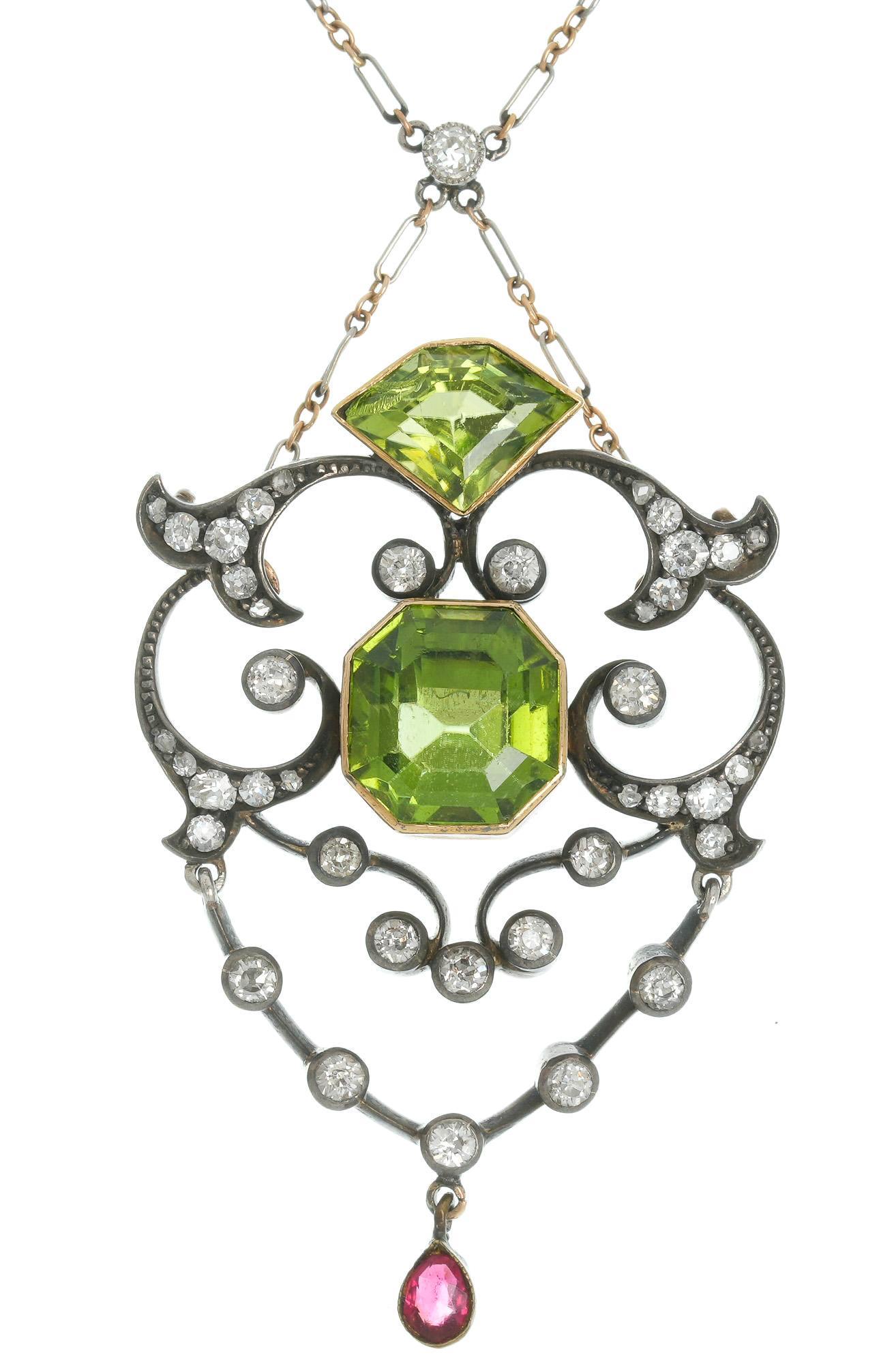 Art Nouveau Peridot Diamond 14k Gold Lavalier Necklace (1 of 3)