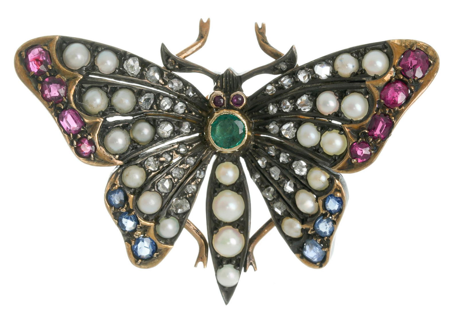 Victorian Ruby Sapphire Emerald 14k Gold Butterfly Pin (1 of 2)