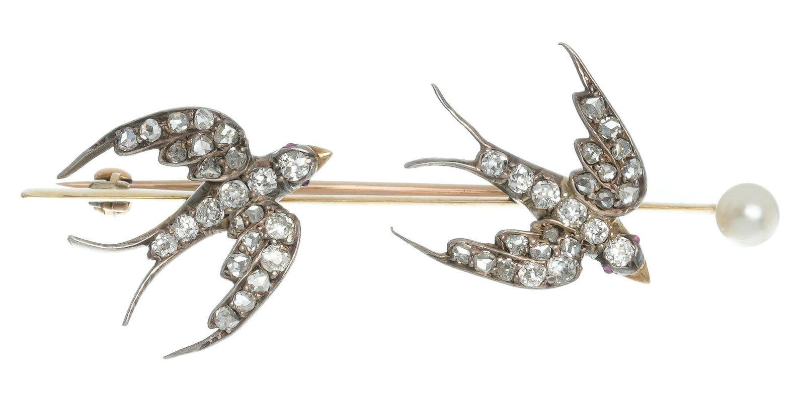 Antique Rose Diamond Ruby Pearl 14k Gold Lovebird Pin (1 of 2)
