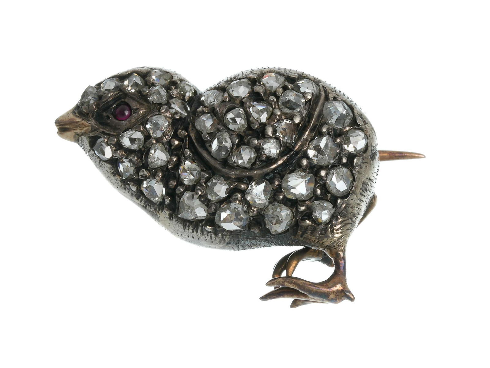 Victorian Pave Mine Diamond 14k Gold Chickadee Pin (1 of 3)