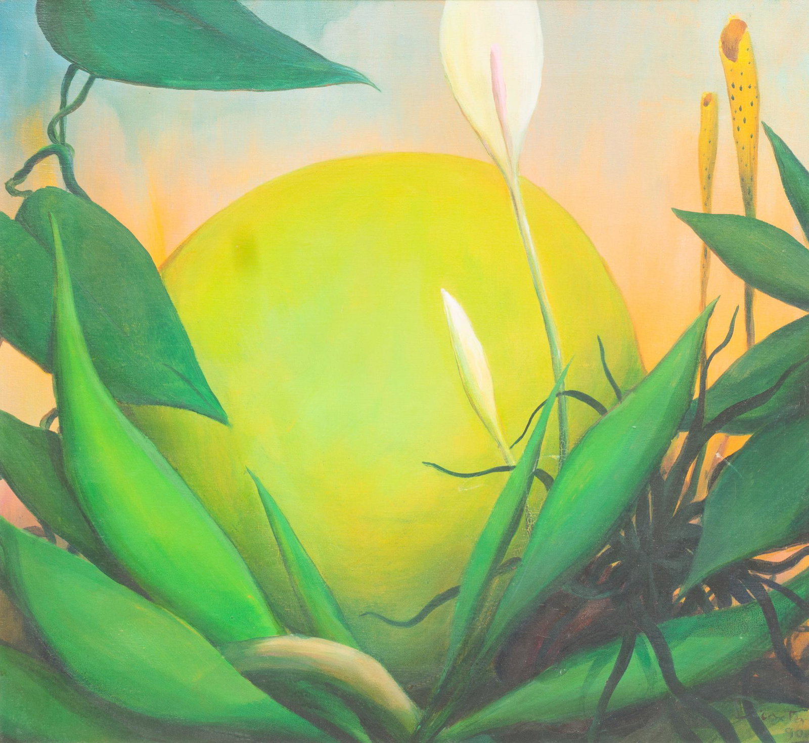 Jorge Drosden, "Eclipse de Totuma", 1990: Jorge Drosden, "Eclipse de Totuma", 1990, oil on canvas Sight: 23.25 x 25.25", frame: 29.5 x 31.5" Provenance: A San Antonio, Texas collection We happily provide seamless shippin