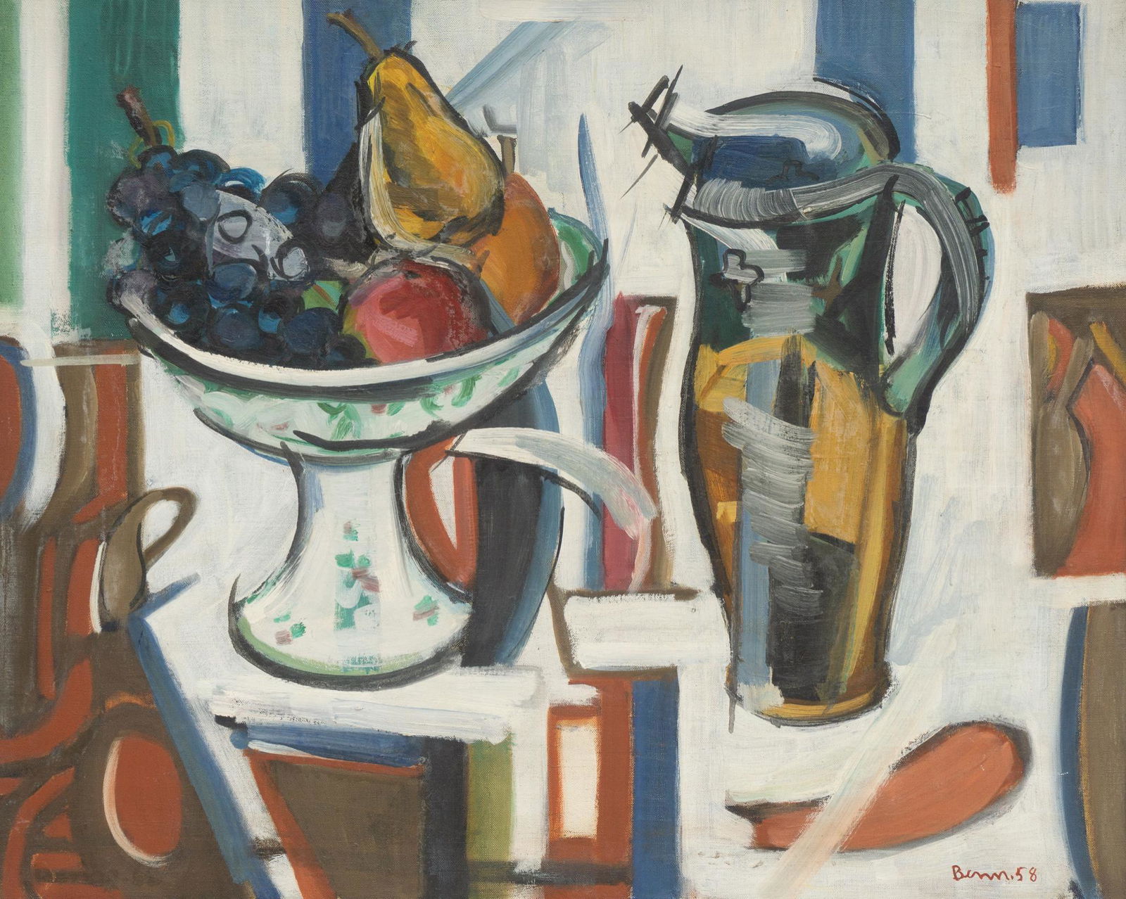 Ben Benn (1884-1983), "Fruit and Pitcher Still Life",: Ben Benn (1884-1983), "Fruit and Pitcher Still Life", 1958, oil on canvas Sight: 21.5 x 26.5", frame: 29 x 33.5" Provenance: A Rockport, Texas collection We happily provide seaml