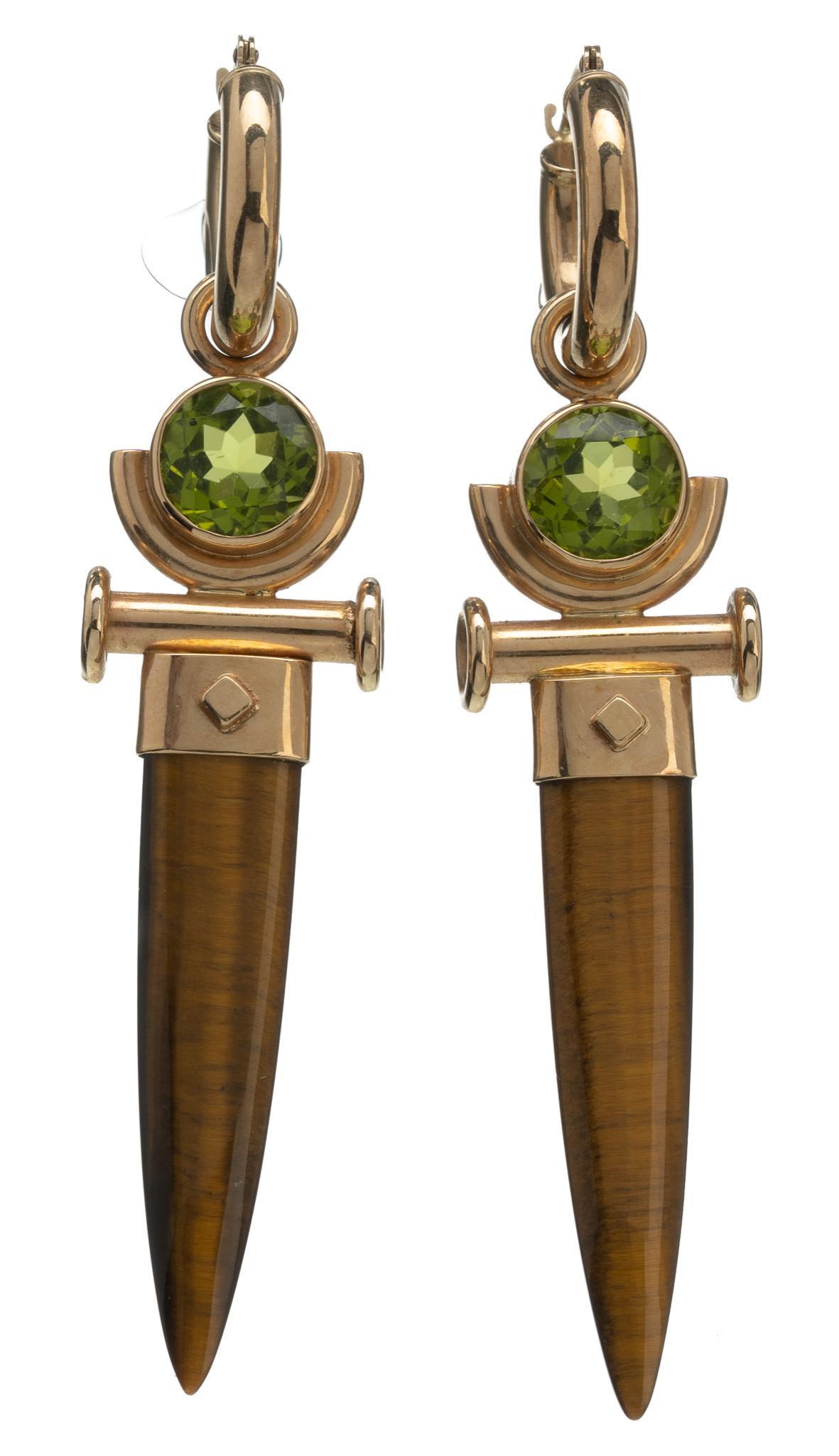 Tiger Eye Dagger Peridot Dangle 14k Gold Earrings (1 of 3)