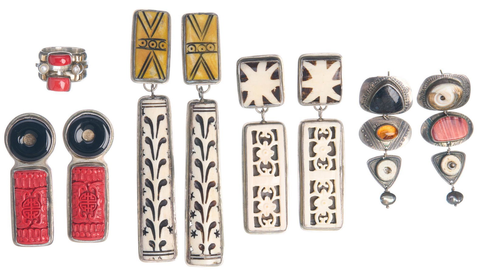 Collection Modernist Sterling Gemstone Dangle Earrings: Collection of four vintage studio designer signed long dangle earrings having cinnabar, onyx, shell and dyed bone with sterling silver, including sterling 14k gold Lilly Barrack coral ring Length from