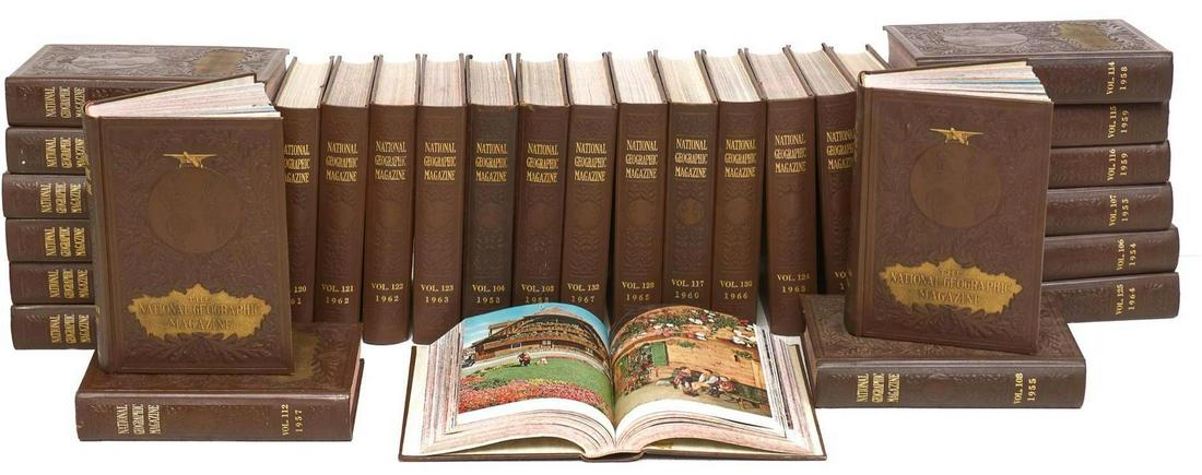 Collection of Vintage Bound National Geographic: Collection of thirty vintage bound mass editions of the National Geographic Magazine, to include years 1962, 1967, 1958, etc 10"h x 7"w x 2"d/ largest Provenance: A San Antonio, Texas, collection We h