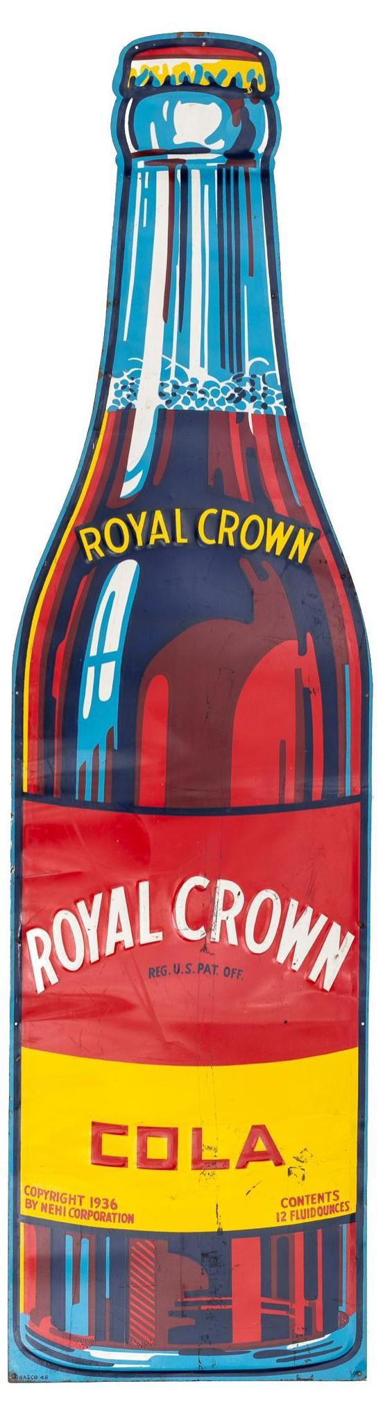 1930-40s RC Cola Die Cut Embossed Metal Sign: Single-sided RC Cola die cut metal advertising sign, featuring embosses classic bottle design, circa 1930-1940, marked 506, conasco 48 58.5"h x 16"w Provenance: A Seguin, Texas collection We happily p