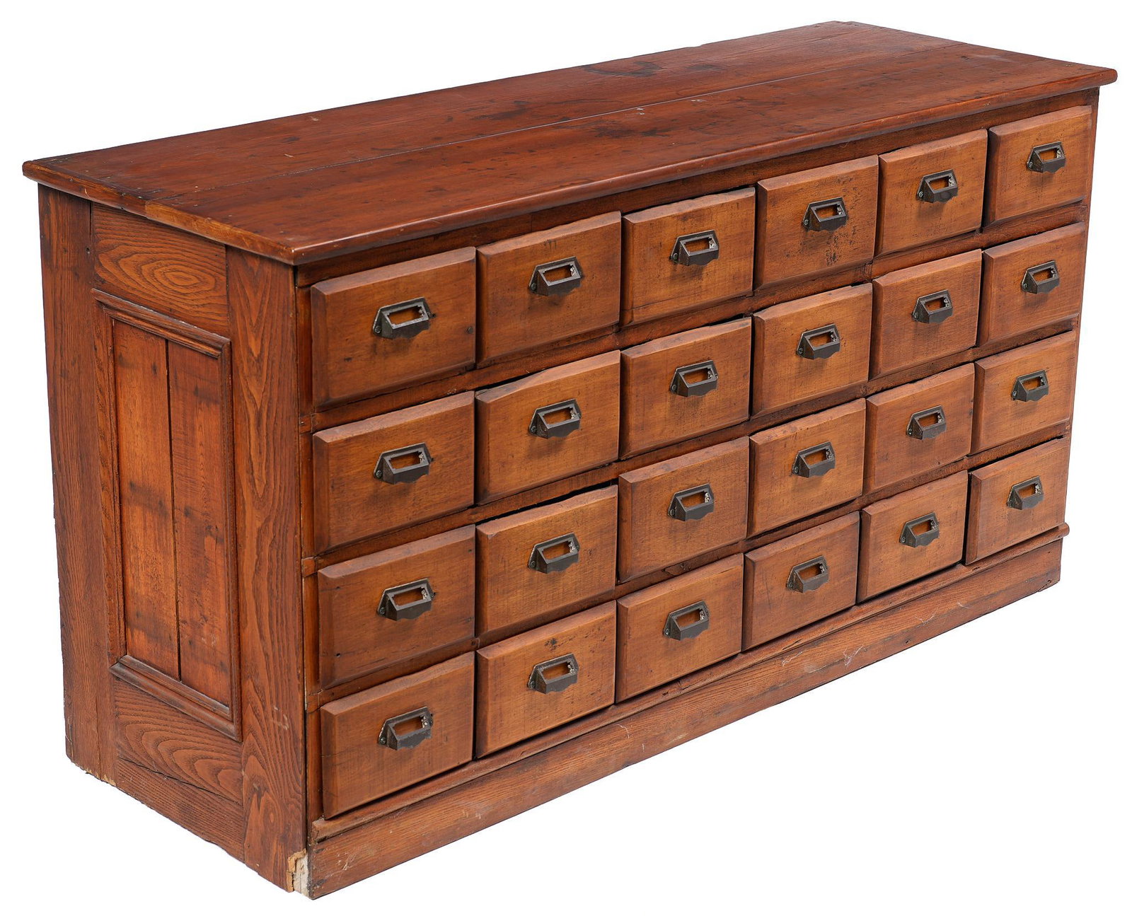 Rustic Apothecary Cabinet: Rustic apothecary cabinet, featuring twenty-eight drawers with metal drawer pulls 33"h x 62"w x 22.5"d Condition: Damage to one corner Provenance: A San Diego, California, collection