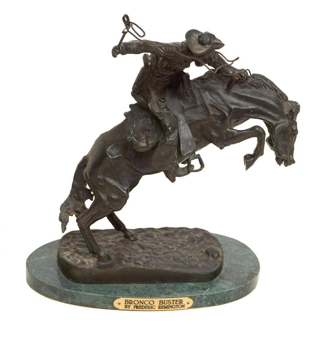 Frederic Remington (1861-1909), "Bronco Buster": Frederic Remington (1861-1909), titled "Bronco Buster", recast bronze on marble base 12.5"h x 11"w x 6"d We happily provide seamless shipping services on everything we sell. Please email us at shippin