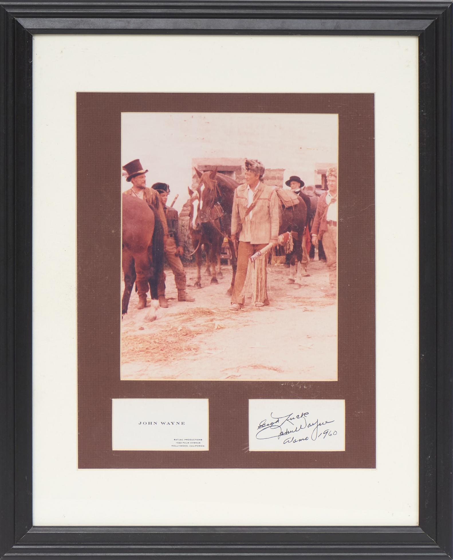 John Wayne (1907-1979), 1960 Autograph and Photo: Autographed business card of John Wayne (1907-1979), inscribed "Good Luck" "Alamo 1960", Batjac Productions (Hollywood, California), printed in 1960 for the world premier of "The Alamo" held in San An