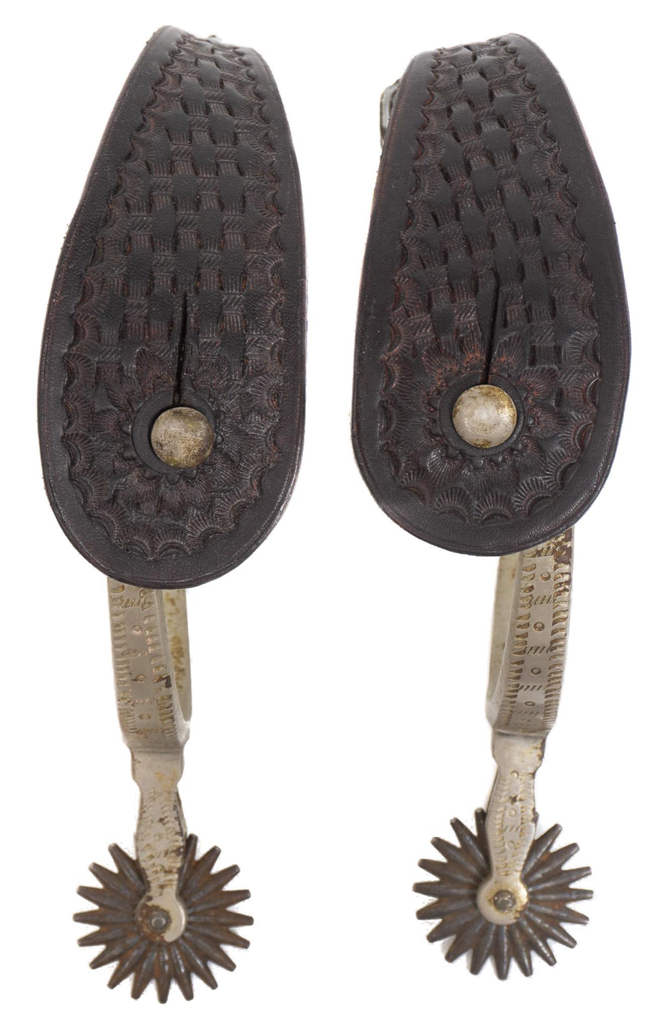 All Original Early August Buermann Spurs: All original early August Buermann cowboy spurs, engraved with basket stamped straps 5"w x 8"d/ each Provenance: An Alamo Heights, Texas collection We happily provide seamless shipping services on