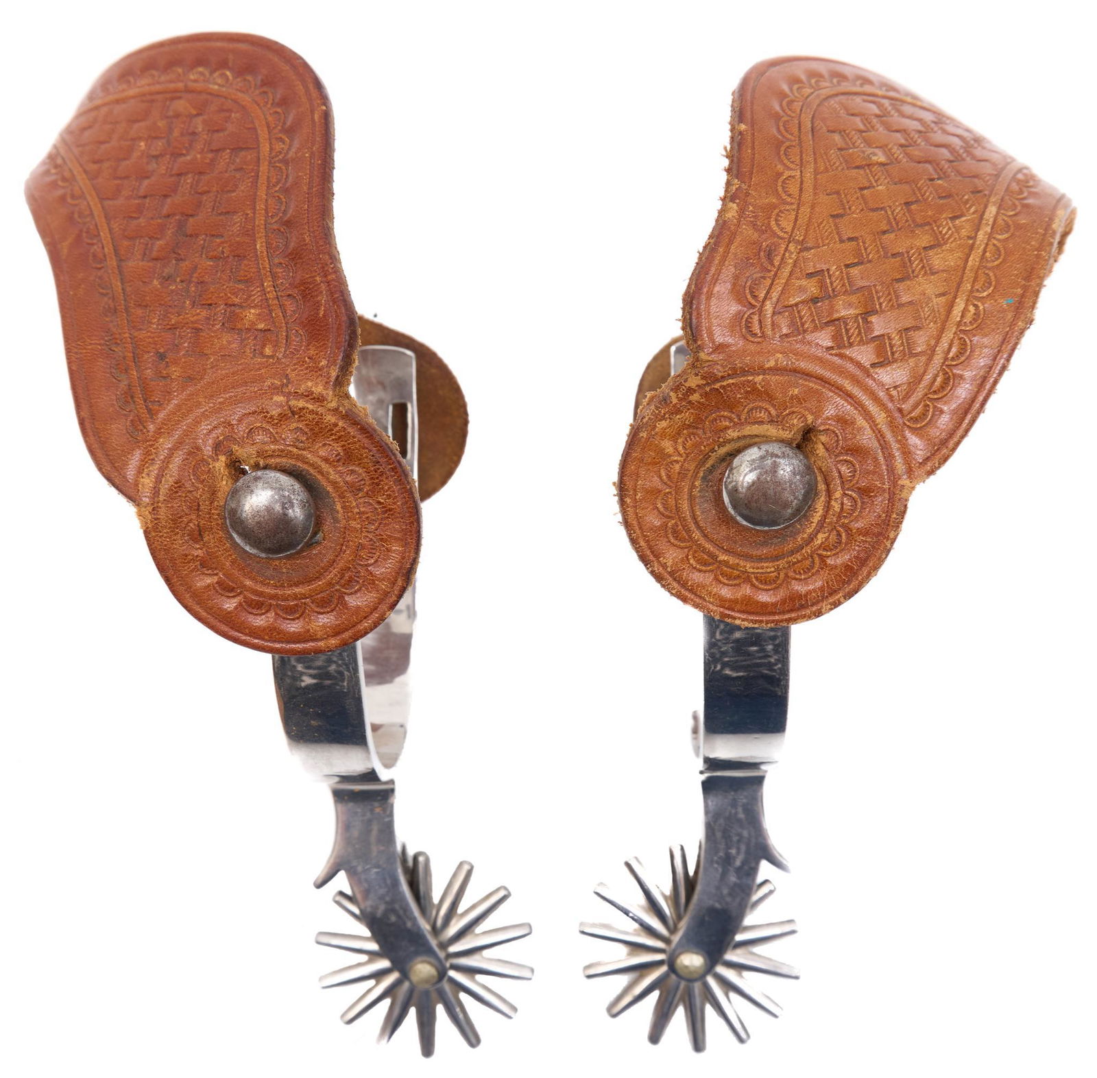 Tooled Leather Garcia Spurs: Garcia spurs in camel-toned tooled leather with fourteen-point rowel 10"w x 4"d/ each Provenance: A San Antonio, Texas collection We happily provide seamless shipping services on everything we sell