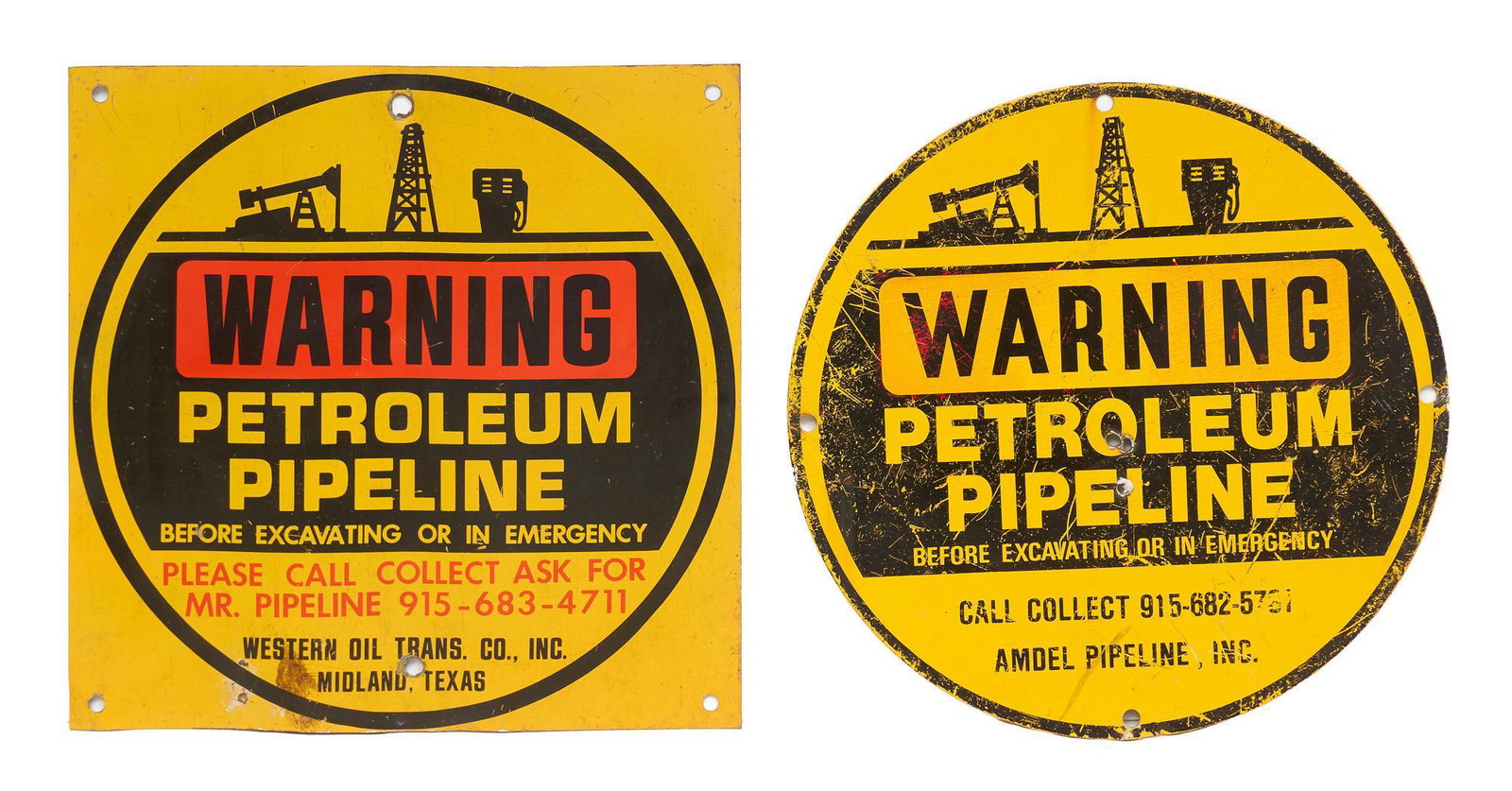 Pair of Vintage Pipeline Warning Signs: Pair of vintage warning signs for petroleum pipeline, featuring petroleum infrastructure motifs on aluminum sheet 13"h x 12"w/ largest Provenance: A San Antonio, Texas collection We happily provide se