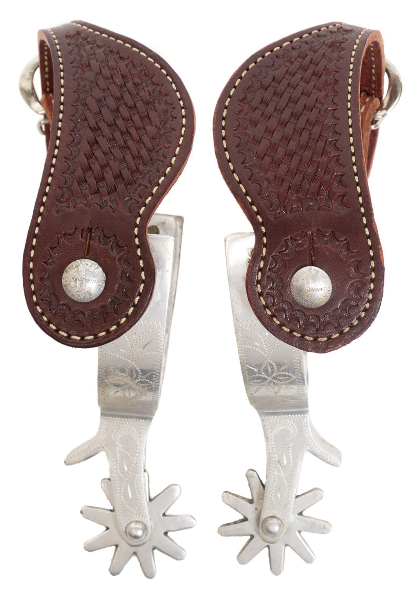 1940s Crockett Airplane Metal Spurs: Crockett marked engraved airplane metal spurs, with basket stamped straps, circa 1940s 4"w x 9.5"d/ each Provenance: An Alamo Heights, Texas collection We happily provide seamless shipping services on