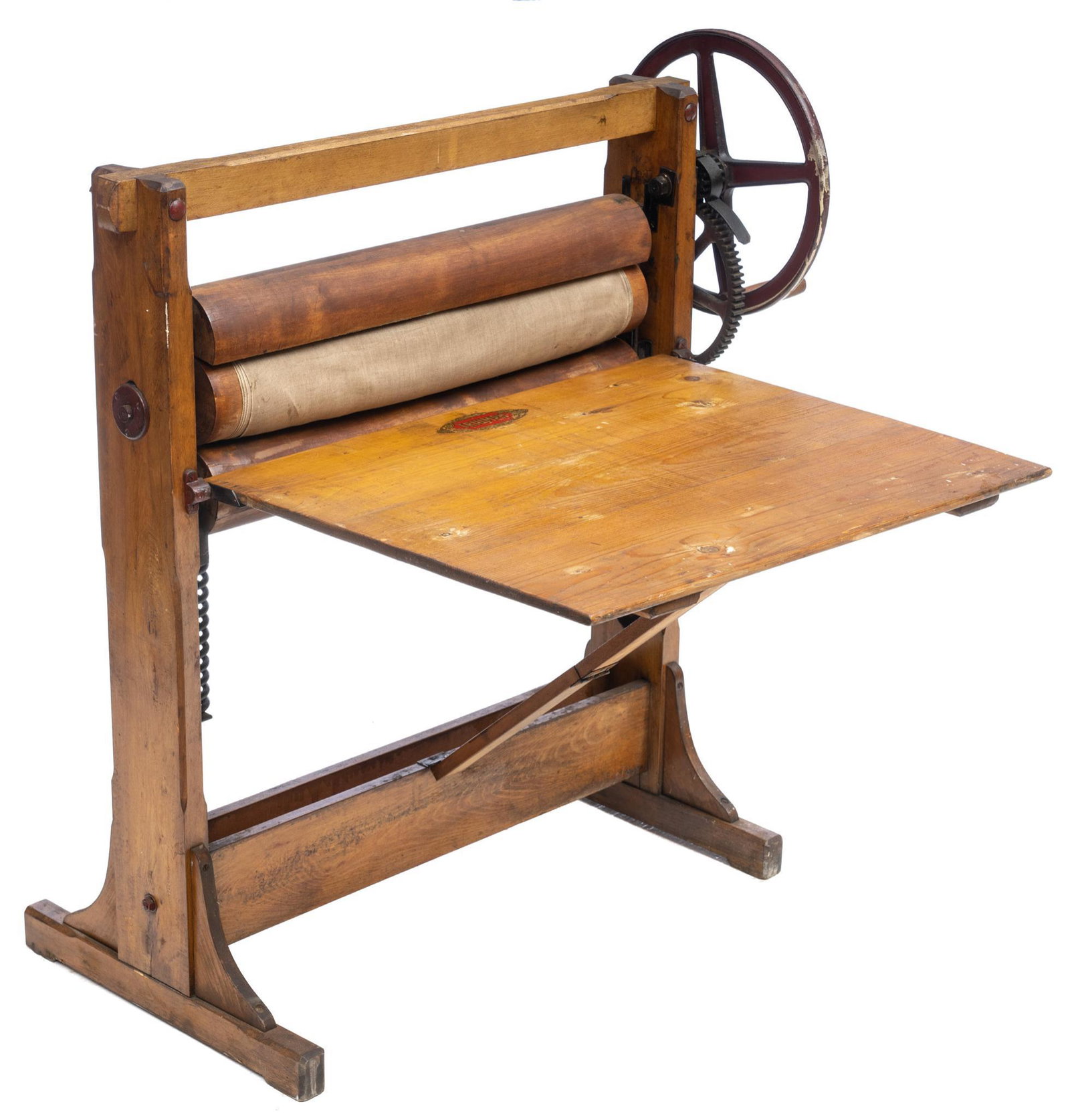 Farmhouse Clothes Wringer: Farmhouse wooden and cast iron clothes mangle, marked Triumph, with crank and extendable work surface 48"h x 46"w x 23"w We happily provide seamless shipping services on everything we sell. Please ema