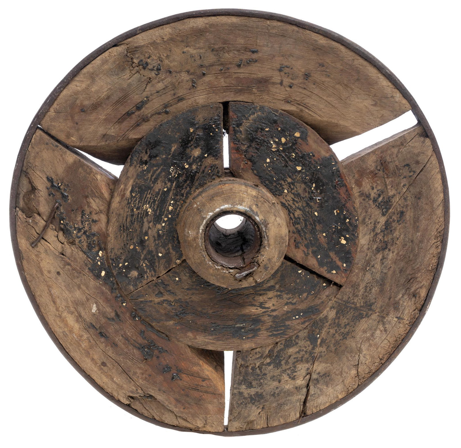 Primitive Wagon Wheel: Primitive wooden and wrought iron wagon wheel 36"d x 11.5"w We happily provide seamless shipping services on everything we sell. Please email us at shipping@vogtauction.com or call 210-971-5750 for mo