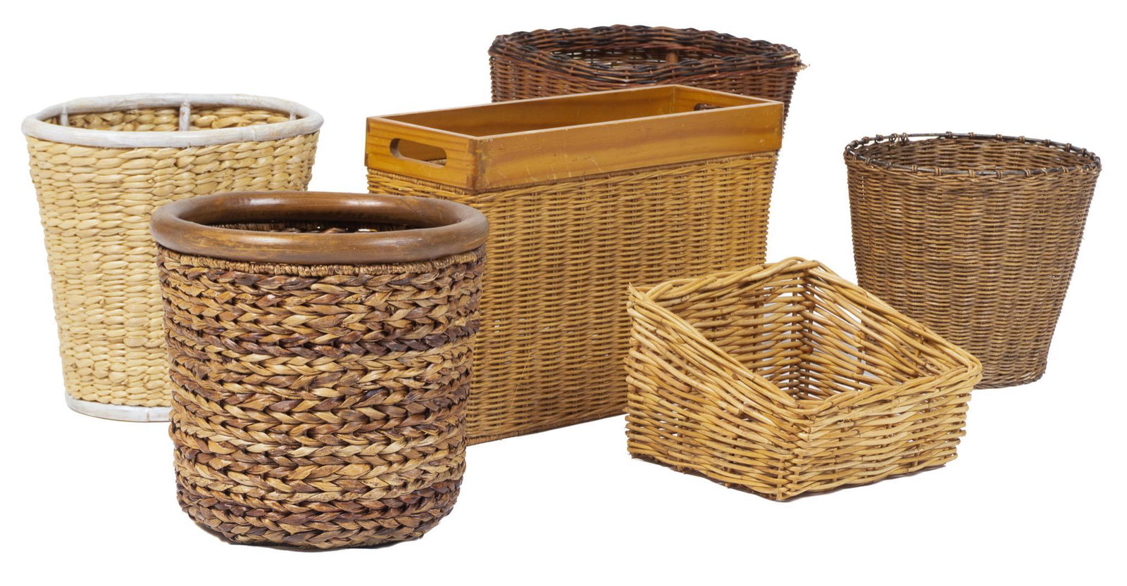 Collection of Woven Baskets: Lot of six woven baskets in various sizes and shapes, some featuring wooden rim 12"h x 13"w x 11"d/ largest Provenance: A San Antonio, Texas Estate We happily provide seamless shipping services on eve