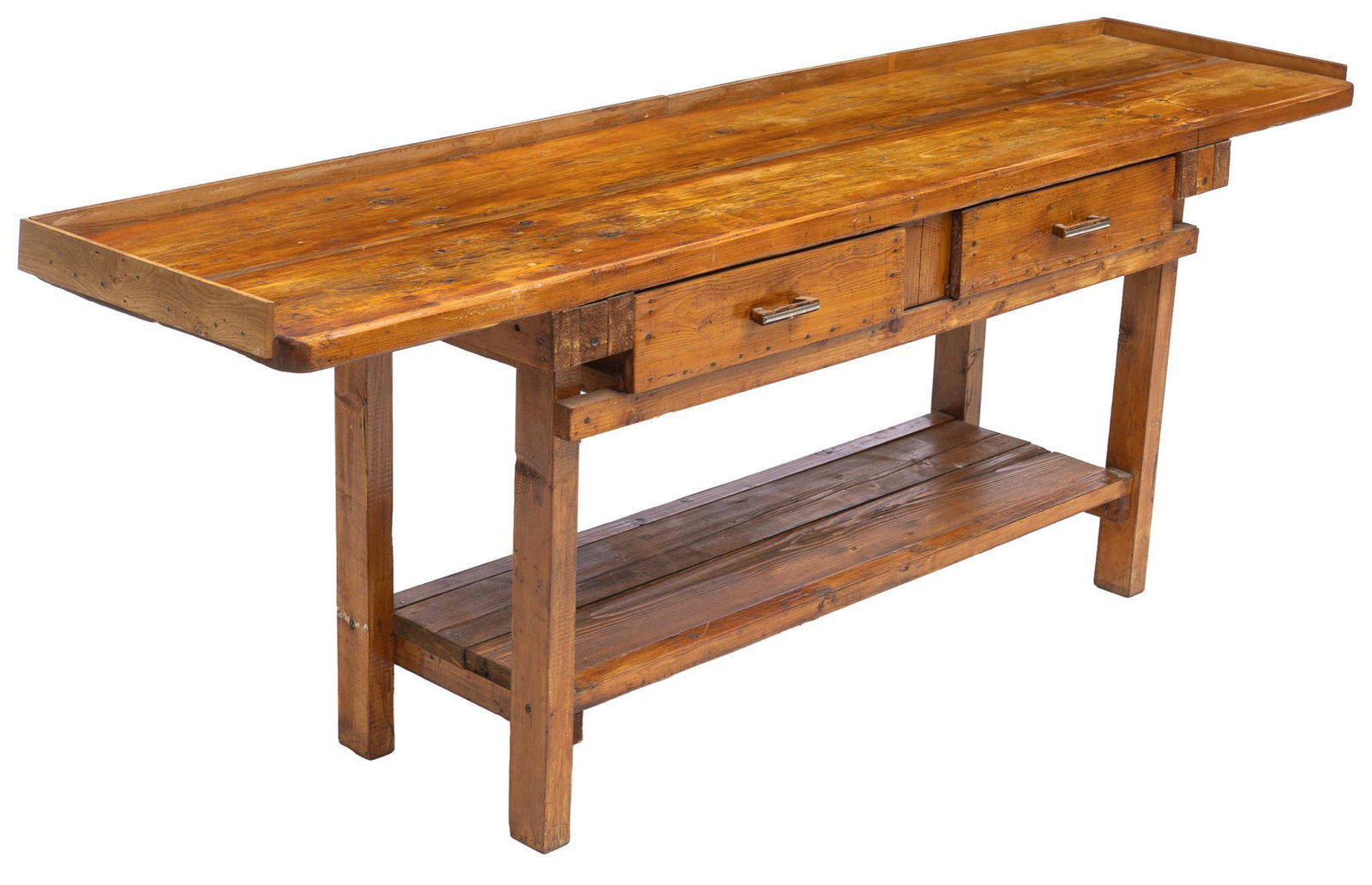Rustic Work Table: Rustic wooden work table, with raised rectangular top over two drawers, with lower tier, metal hardware 36"h x 92.5"w x 24.5"d We happily provide seamless shipping services on everything we sell. Plea