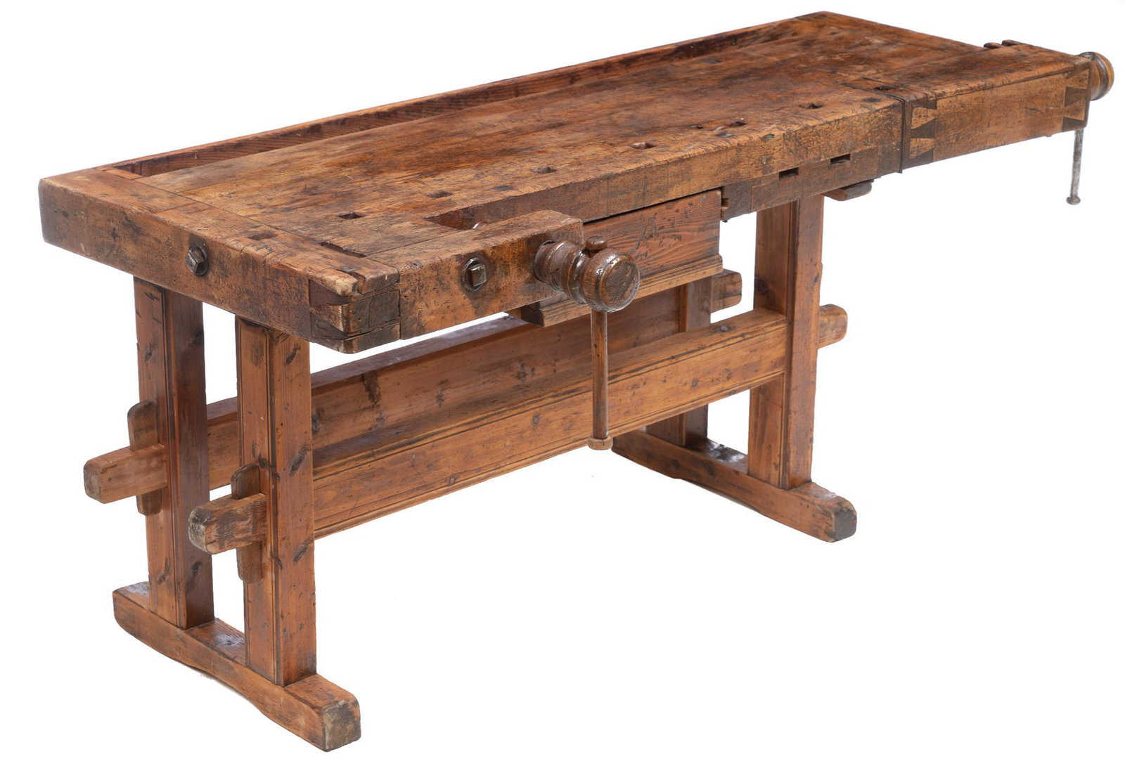 Rustic Work Table: Rustic wooden work table, on base with vise 31"h x 78.5"w x 34"d We happily provide seamless shipping services on everything we sell. Please email us at shipping@vogtauction.com or call 210-971-5750 f