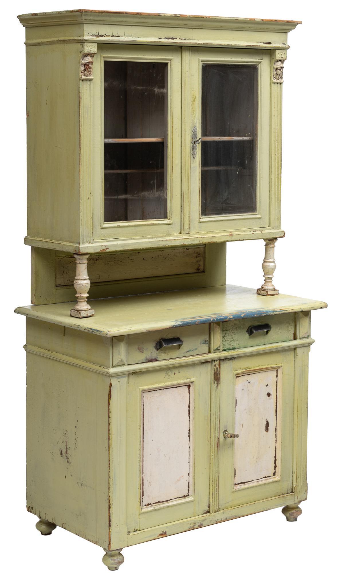 Rustic Farmhouse Stepback Hutch: Rustic elegant farmhouse stepback hutch featuring top glazed cabinet with architectural cornice, rising on turned legs and paneled splashback; lower cabinet offering double drawers, paneled doors to i