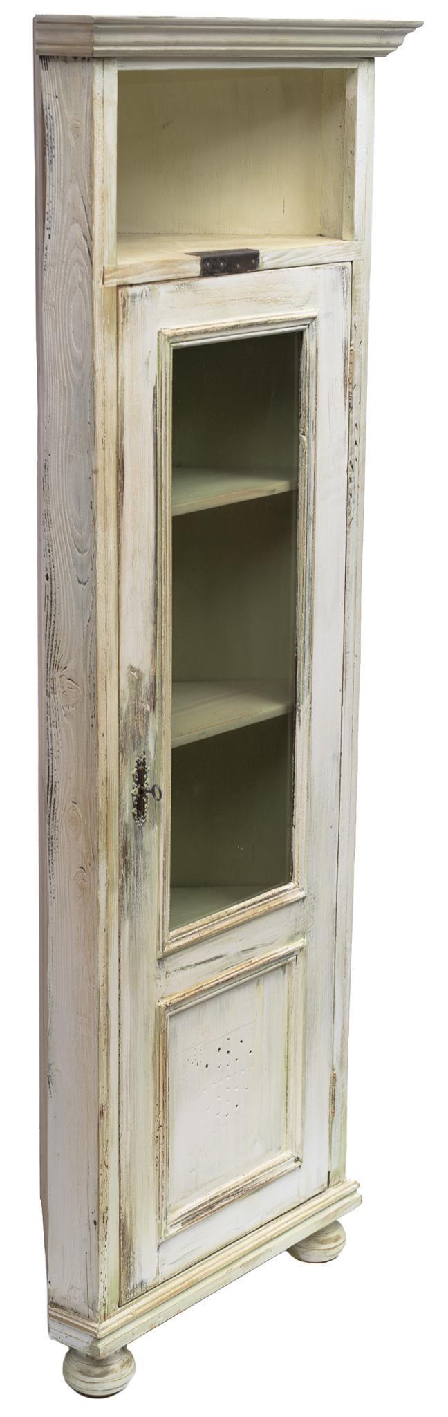 Rustic Corner Display Case: Rustic corner display case, off white and light green painted featuring open shelf above single glazed door that opens to shelved interior, metal hardware, with key, rising on bun legs 78"h x 28"w x 1