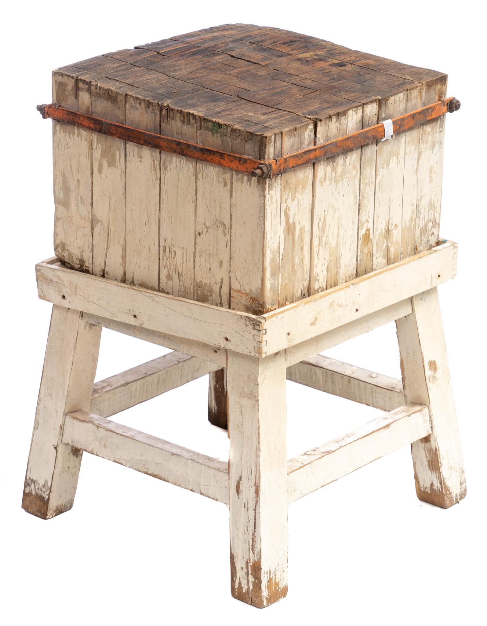 Rustic Banded Butchers Block: Rustic metal banded wooden butchers block, white and orange paint remnants, approx. 190lb 34"h x 21"s We happily provide seamless shipping services on everything we sell. Please email us at shipping@v